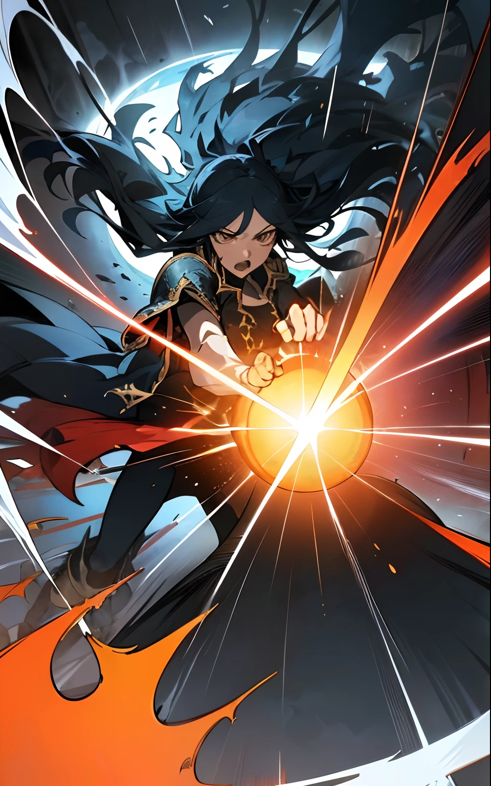 In this captivating scene, Luna Rucandel delivers a fatal blow to a dragon in an intense manga-style combat. The dynamic fight effects and high-quality rendering make this illustration burst with energy. The chosen artist for this illustration, Hiroshi Fujiwara, captures every detail with his signature style, immersing viewers in the heart of the battle. The color temperature leans towards fiery oranges and cool blues, emphasizing the clash of elements. Luna's determined expression and the dragon's ferocity are frozen in time, illuminated by dramatic, spotlight-like lighting that intensifies the atmosphere of the duel. --v 5 --stylize 1000