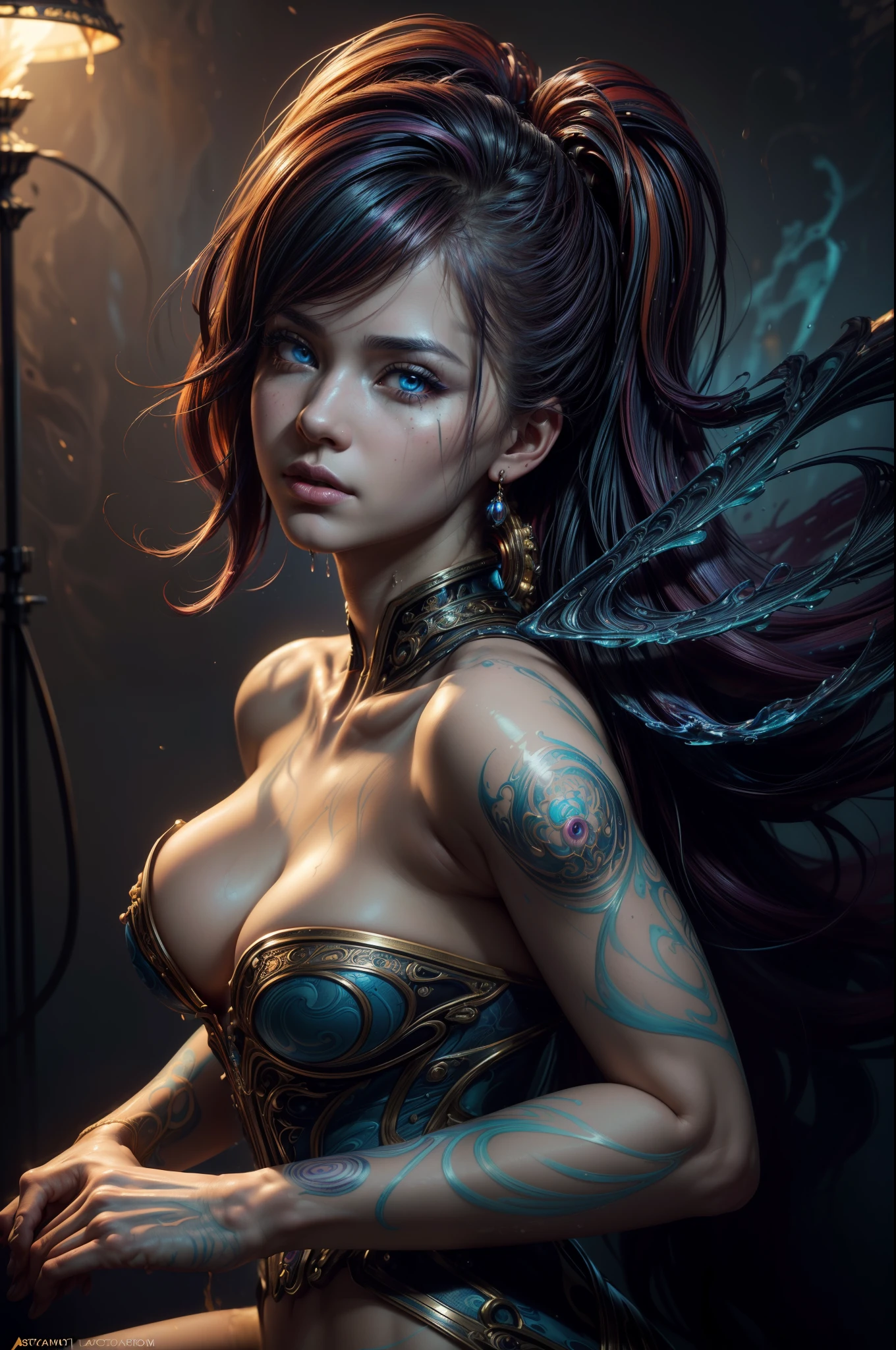 (masterpiece), (best quality), (ultra-detailed), (masterpiece:1.2), (best quality), (ultra-detailed. Maximalist Rococo. Astral escape. Splash art, Latina portrait, indigo red haired Latina, StarCraft inspired, epic, art station, colorful painting splash style, facing the camera head on, contour, intricately detailed hyperdetailed, fantasy, unreal engine, fantastic, intricately detailed, splash screen, complementary colors, fantasy concept art, 16k resolution, DeviantArt masterpiece, oil painting, thick brush strokes, dripping paint, splash arts, neon environment, muted colors, watercolor style, detailed filigree, edge lighting, magic, surreal, surreal, fantasy, ultra, realistic, sharp features, highly detailed, sharp focus, muted colors, perfect face, perfect face, perfect symmetrically perfect eyes,perfect hazel irises, perfect full lips, flexible female form, vivid, cinematic, film light, hyper detailed, hyper realistic, masterpiece, atmospheric, high resolution, vibrant, dynamic studio lighting, blow, Glenn Brown, Carne Griffiths, Alex Ross, artgerm and james jean. focus, tilt-shift camera.