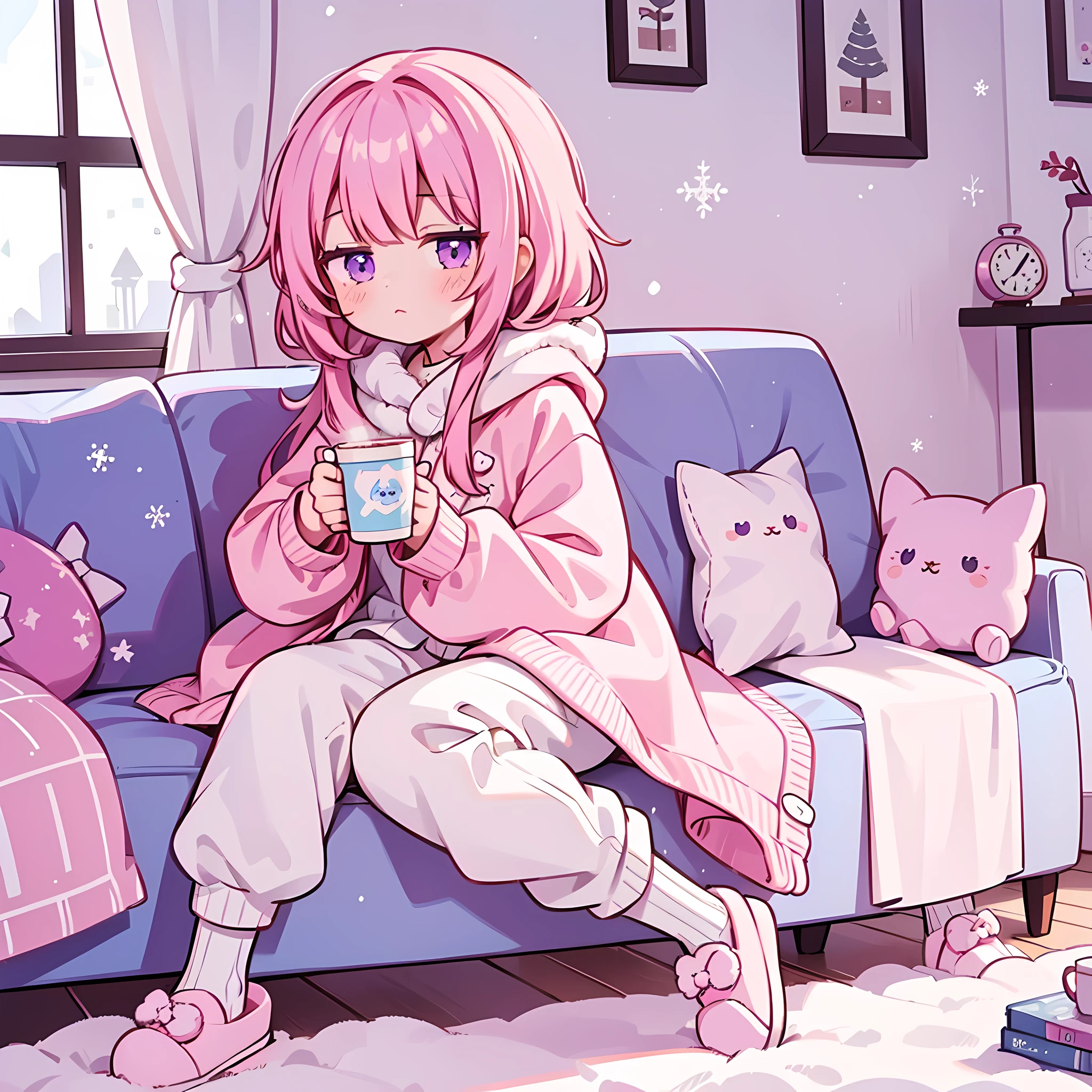 1 girl, solo, sugar pink hair, fluffy hair, cute ***********, purple eyes, looking at viewer, sitting on a couch, snowing outside, window, snowing scenery window, holding hot chocolate, steaming hot drink, fluffy clothes, sweather, (pants), socks, (cute slippers), cozy room, pastel colors