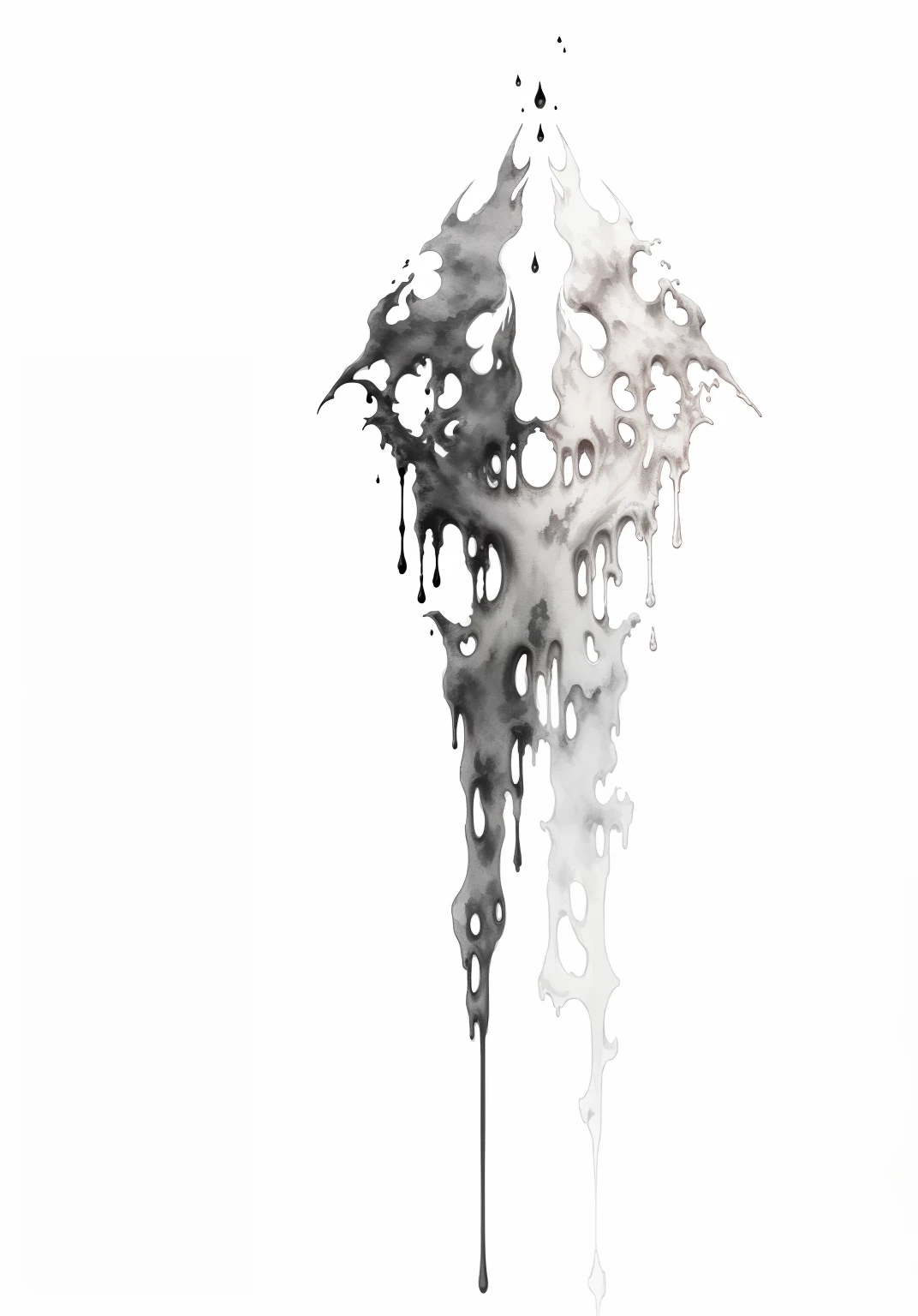 ghostly form, Ethereal white dripping tar, dripping skin, an abstract drawing, melting and dripping. eerie, monochrome drawing, Penumbra creatures, faded drawing, long dark tattered umbra, weathered drawing, Some ink dripping off, Black ink on white background, black metal band logo, ink and watercolor painting