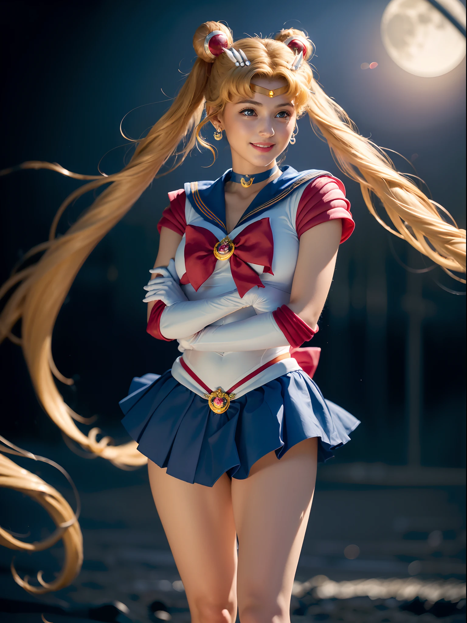 (masterpiece, best quality:1.4), (standing:1.5), (full body:1), (dynamic pose:1), 1girl, solo, (european youth:1), aausagi, (double bun:1.5), (twintails, parted bangs, circlet, tiara with a red stone, sailor senshi uniform, jewelry, earrings:1.5), (blonde:1.2), (choker), (red bow, white gloves, elbow gloves:1.2), (blue skirt:1.2), (blue skirt:1.2) inocent smile, looking at viewer, beautifull smile, beautiful face, highly detailed face, highly detailed eyes, highly detailed skin, skin pores, subsurface scattering, realistic pupils, full face blush, full lips, detailed background, depth of field, volumetric lighting, sharp focus, absurdres, realistic proportions, good anatomy, (realistic, hyperrealistic:1.4), moon background, nightlight 16k hdr,