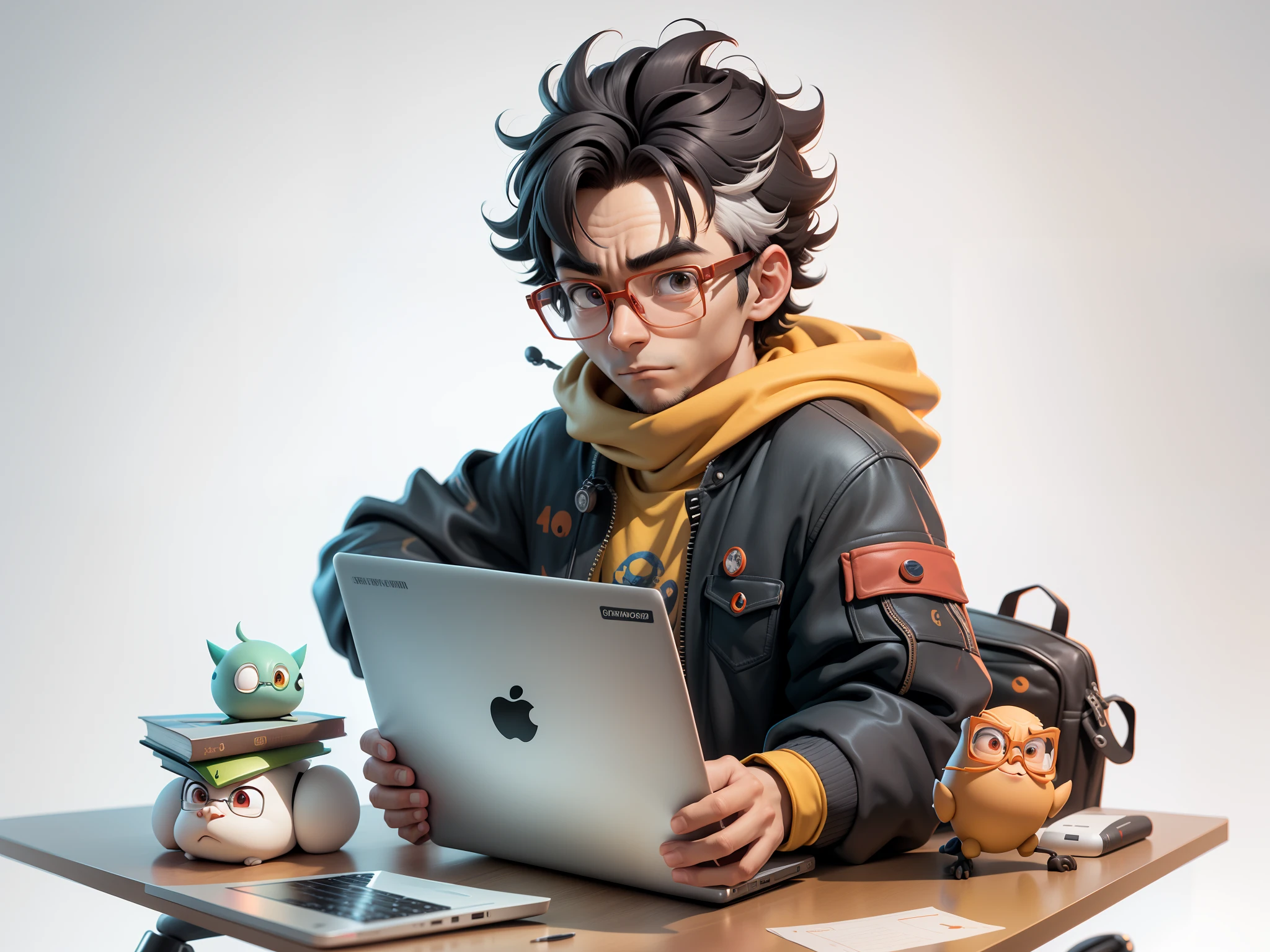 A young man with glasses sits at his desk,holding laptop,digitial painting,3D character design by Mark Clairen and Pixar and Hayao Miyazaki and Akira Toriyama,4K HD illustration,Very detailed facial features and cartoon-style visuals。