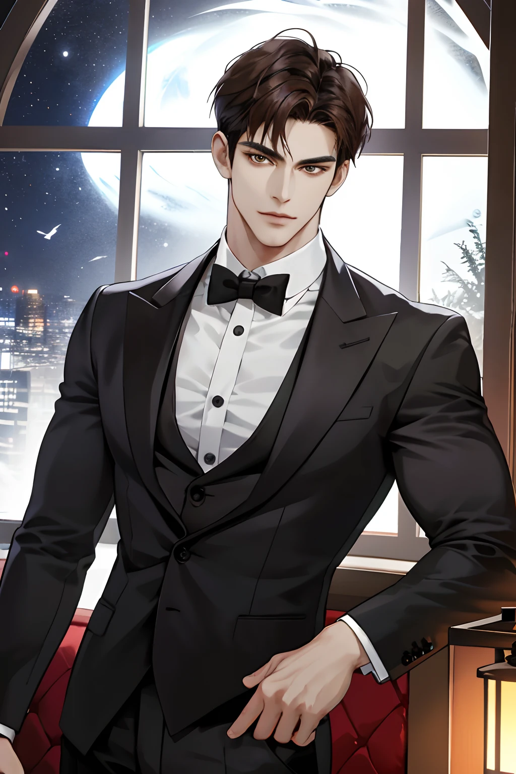 (hoang lap, k hd, ultra - detailed), (1male people, Single, AS-Adult,   mature:1.4, Idade:1.4, 年轻, Tall muscular man, Handsome), Very short hair, brunette color hair, Hair oil, with brown eye,(Pointed chin:1.4,Thick neck:1.4,),Break,Night,Dark,Look at the night view of the city through the large window,formal outfit,tiese,full bodyesbian,