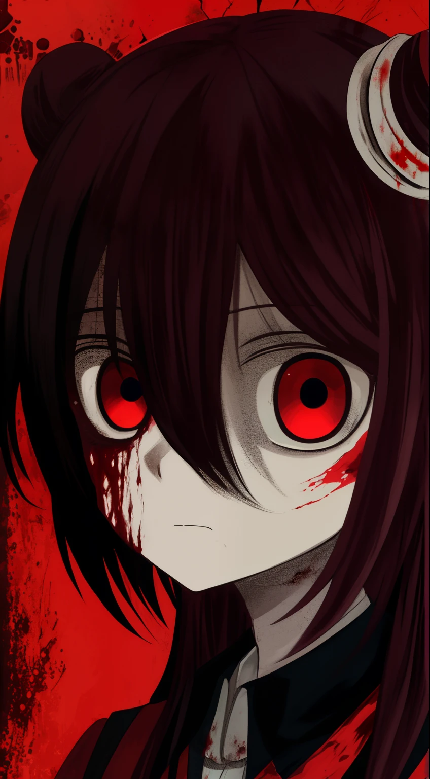 Satou Matsuzaka, creepy portrait, girl, 1girl, Happy Sugar Life, 2009 art style, horror, unsettling expression, dark atmosphere, vintage colors, horror anime, horror manga, sinister, eerie, 2009 horror aesthetics, creepy vibe, retro horror, unsettling, distressed art, disturbing artwork, unsettling portrayal, (bloodstained), (glowing eyes), (red eyes), (blood), (bloodstained), (glowing eyes), (red eyes).