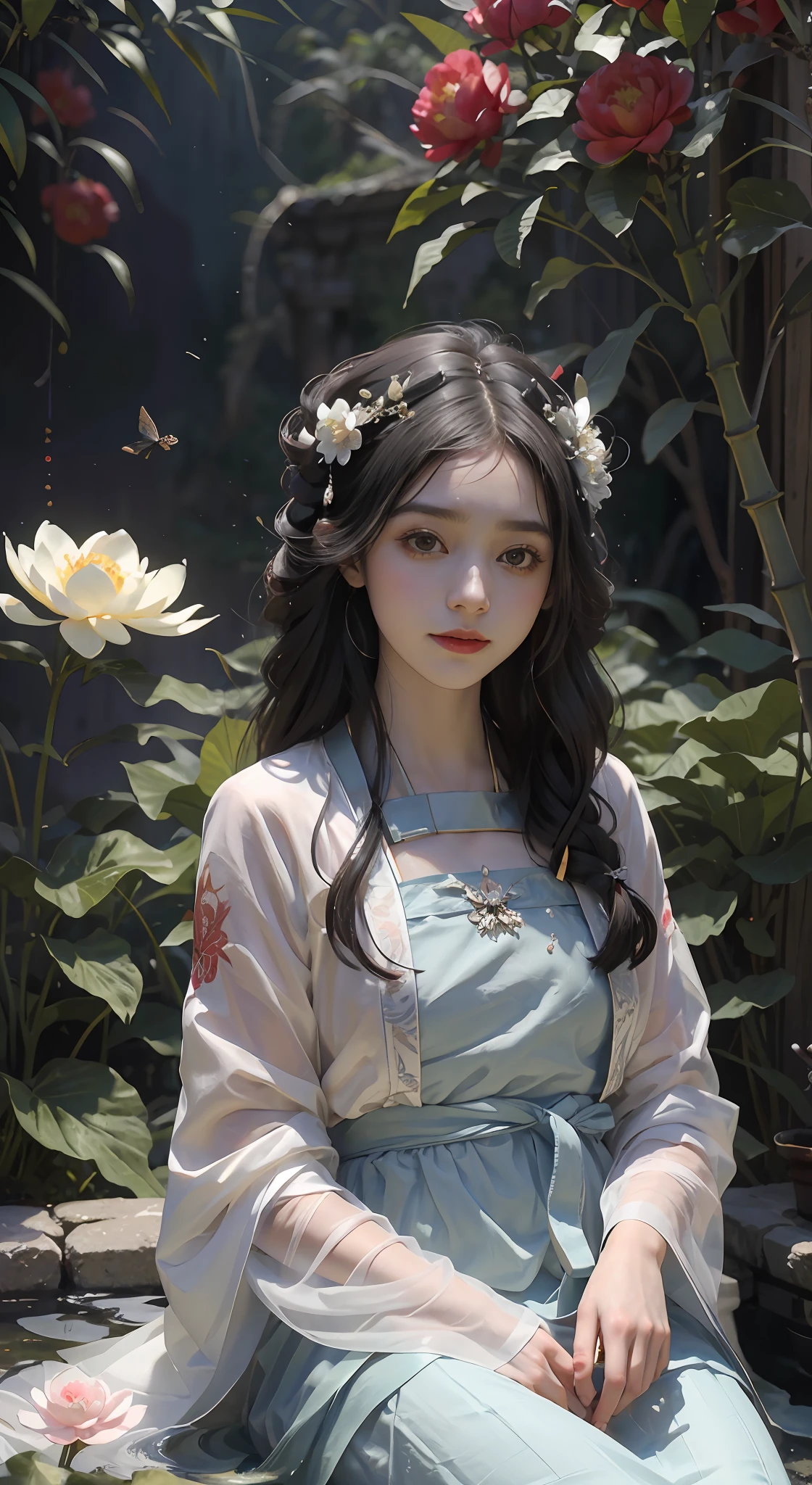 (Positive focus),(in the darkness nigth:1 rapariga),Surrealist portraits of women by David Hockney and Alphonse Mucha,Fantasyart,photoRealstic,动态照明,art stations,poster for,Volumetriclighting,Very detailed faces,4k wallpapers,Award-Awarded,1 close-up of the girl,Small bust photo,red color Hanfu,White tulle coat,Half-off coat,Smile Expression,cabelos preto e longos,Red fringed hair ornament,White ribbon,Red flower bushes,Small blue flowers,butterflies flying,multiple butterflies,Sit by the creek,Reach out and pick flowers,Lanterns,Ancient Chinese wooden boats,Hazy mist,in the early morning,fog atmosphere,Courtyard background of ancient Chinese architecture,Peony flower,White lotus,Small bamboo,with petals falling,Dramatic composition,Cinematic lighting effects,The chest is slightly raised,A large white leg