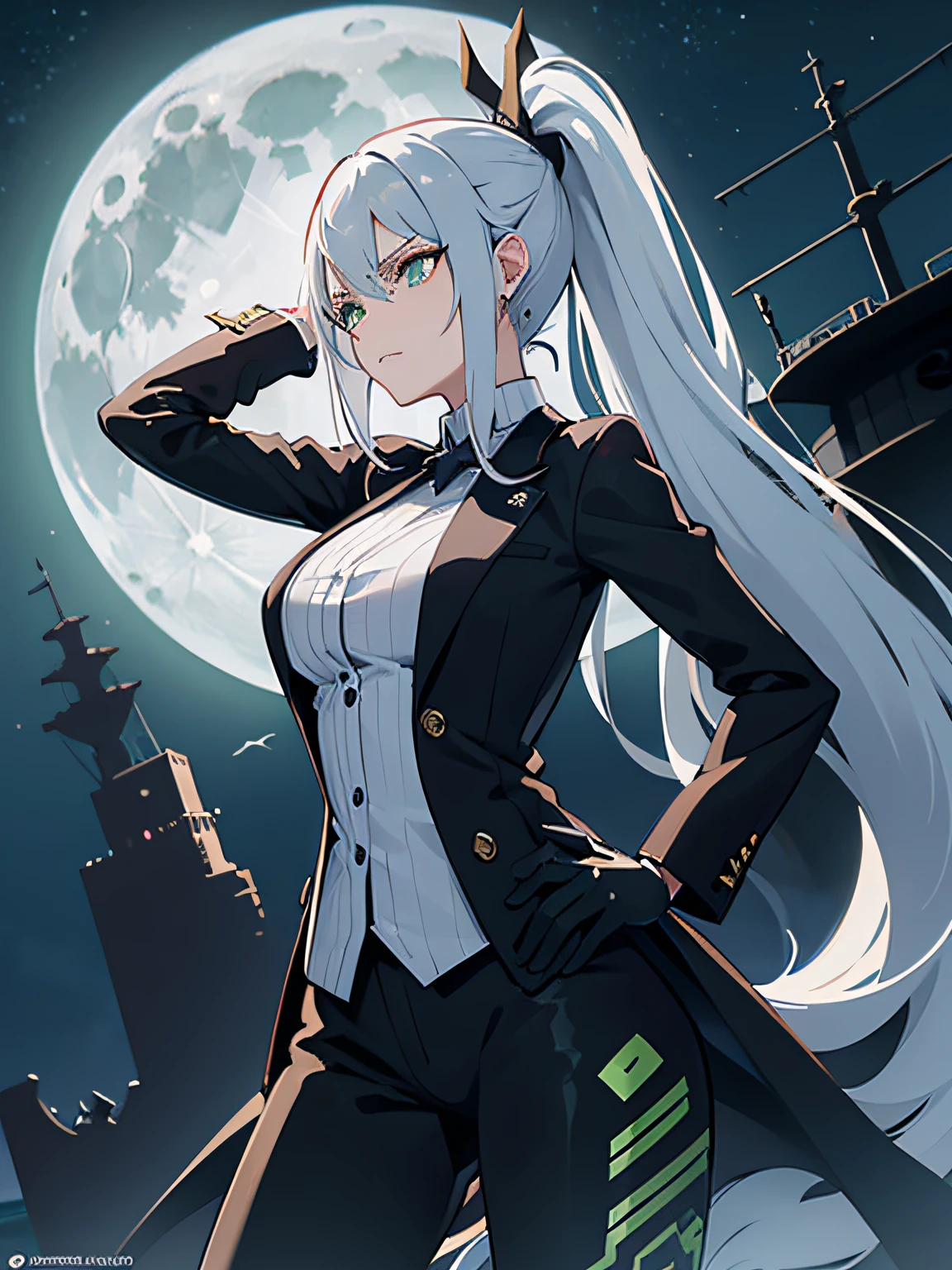 1 woman, long silver hair, ponytail, sharp furious green eyes, black assassin suit, in the night under the moon, sword and handgun, ships and seaside