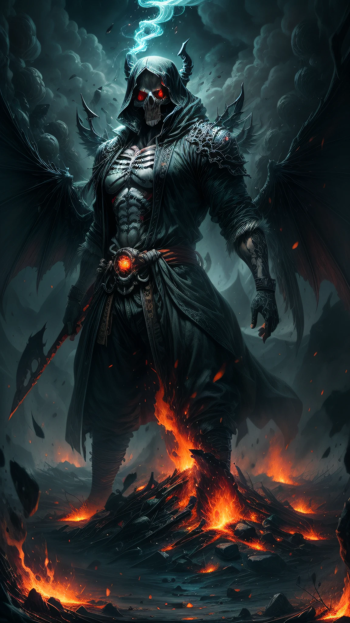 ((masterpiece)), ((best quality)), (ultra-detailed), ((extremely detailed)), 1man, shinigami known as god of death, large, strong, extremely robust, eyes red, eyes emitting glow intense, body emanating energy, body emanating steam, gigantic black wings on his back, extremely serious look, very detailed image, place full of lava, hot, apocalyptic, morbid. The ground covered with human bones in great numbers.