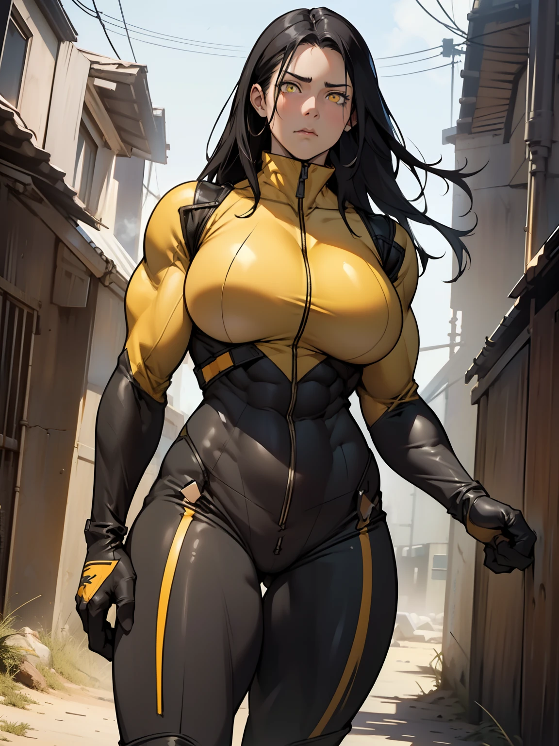 (1girl), black hair, extremely long hair, yellow eyes, ((((((muscular)))))), ((((huge breasts)))), ((((thick thighs)))), solo, concerned face, (pale skin), cowboy shot, (((full bodysuit)))