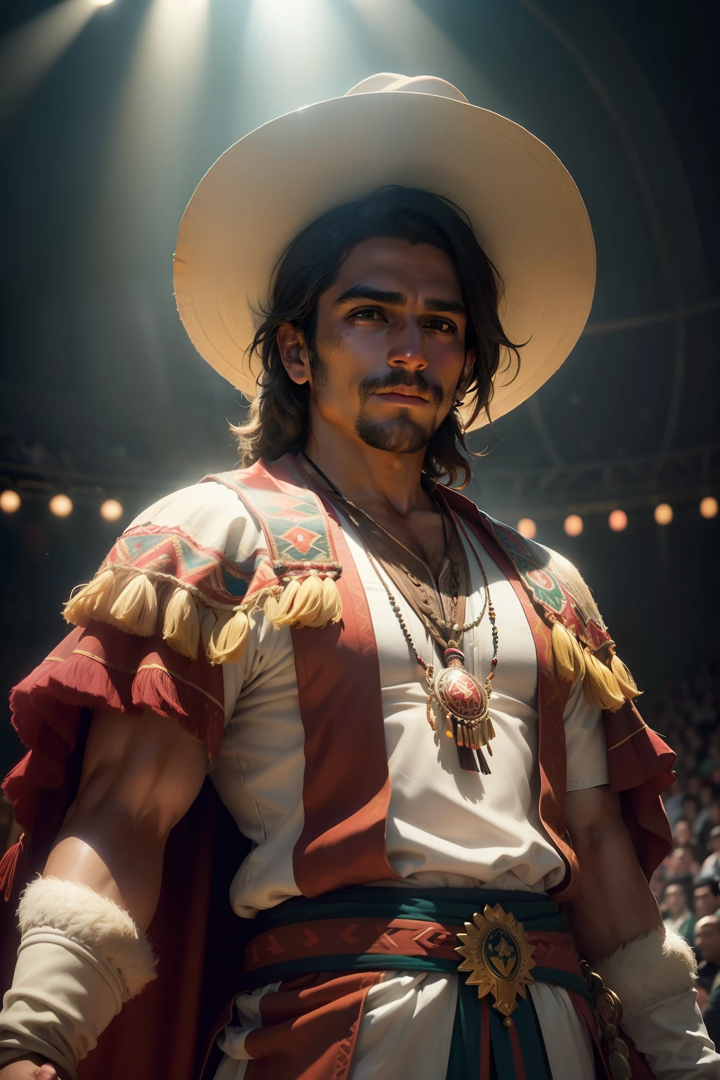 a native Mexican brown man in typical Mexican robes in a circus arena (homem mexicano cigano) (circo:1.1) Tracing of volumetric haze rays z pass bright light, (obra-prima) (melhor qualidade) (detalhado) (8k) (cinematic lighthing) (foco nítido) (intrincado)