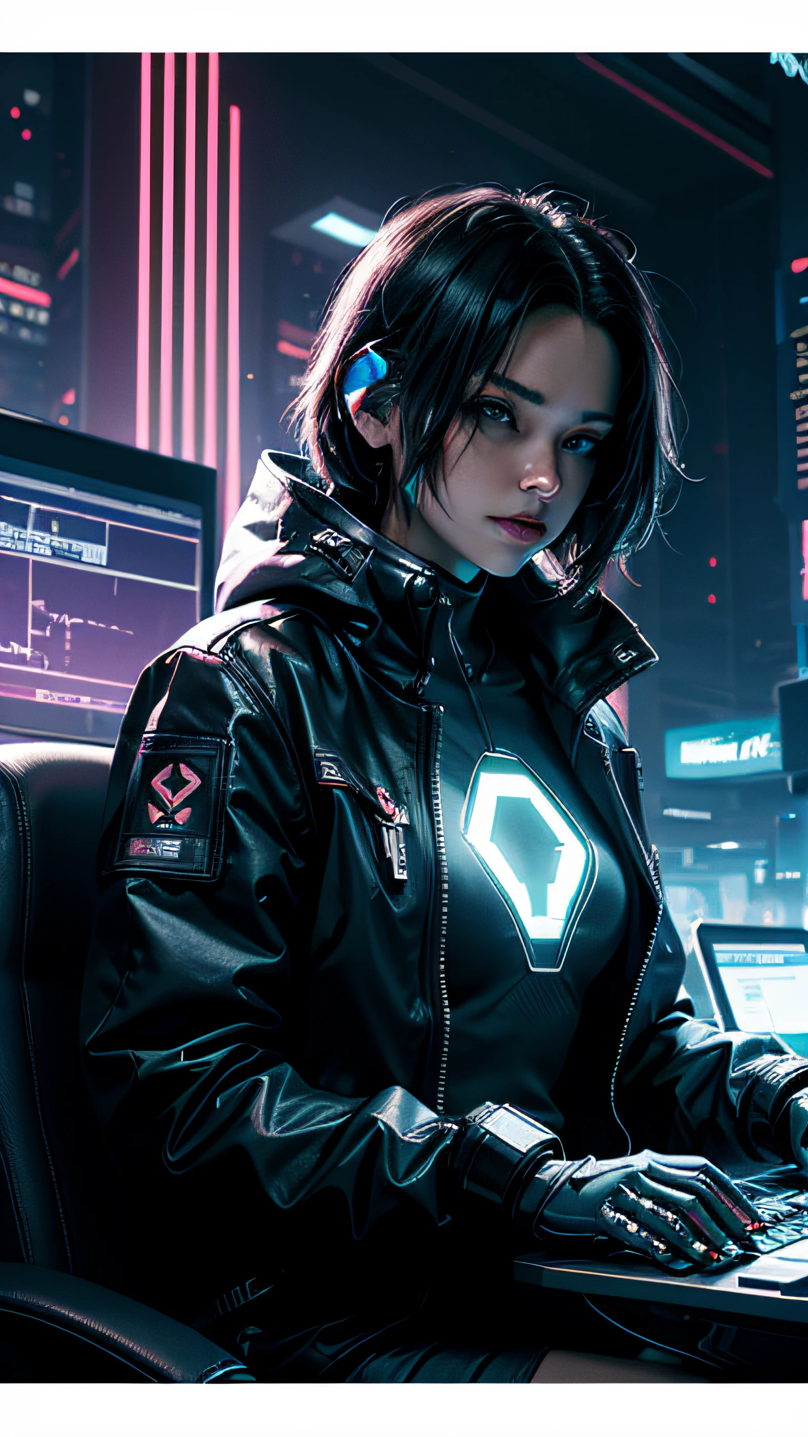 "hacker woman: futuristic cyberpunk neon lights hacker aesthetic, glowing code matrix, intense focus, hacking into the mainframe, surrounded by cutting-edge technology, digital network, binary code streaming, hacker tools and gadgets, dark and mysterious background, sony a7R IV, F/1.4, Bokeh