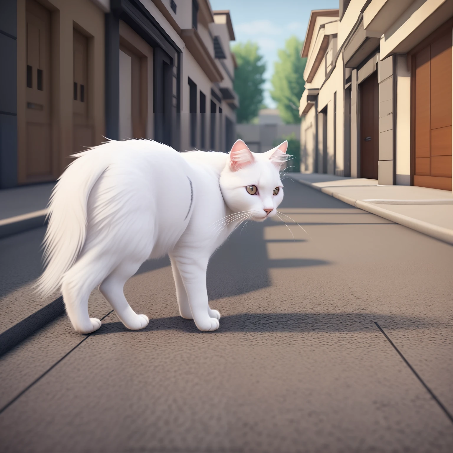 Persian cute white cat lost her home, roaming around on the streets,unreal engine 5,hyperreal+high resolution+shot on,realistic, incredibly high detailed, 4K realism, realistic texture,landscape --auto --s2