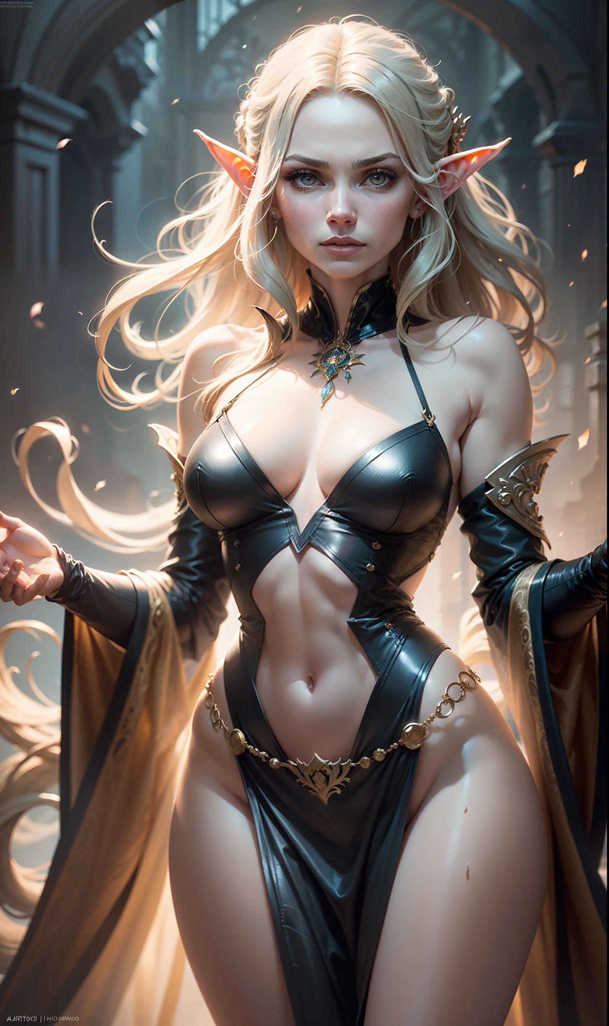 Beautiful painting of Michelle Pfeiffer as perfect female elf mage, full figure, shapeless long hair, perfect features, (wearing extremely baroque elven robes), abstract beauty, near perfection, pure form, dynamic pose, ethereal background, (deep dark shadows), (strong cinematic lighting), (back lighting), concept art by Greg Rutkowski and John William Waterhouse and Alphonse Mucha, stunning details, intricate details, 8k post-production, High resolution, super details, trending on ArtStation, sharp focus, depth of field f/1.8, studio photos, (((looking at camera))).