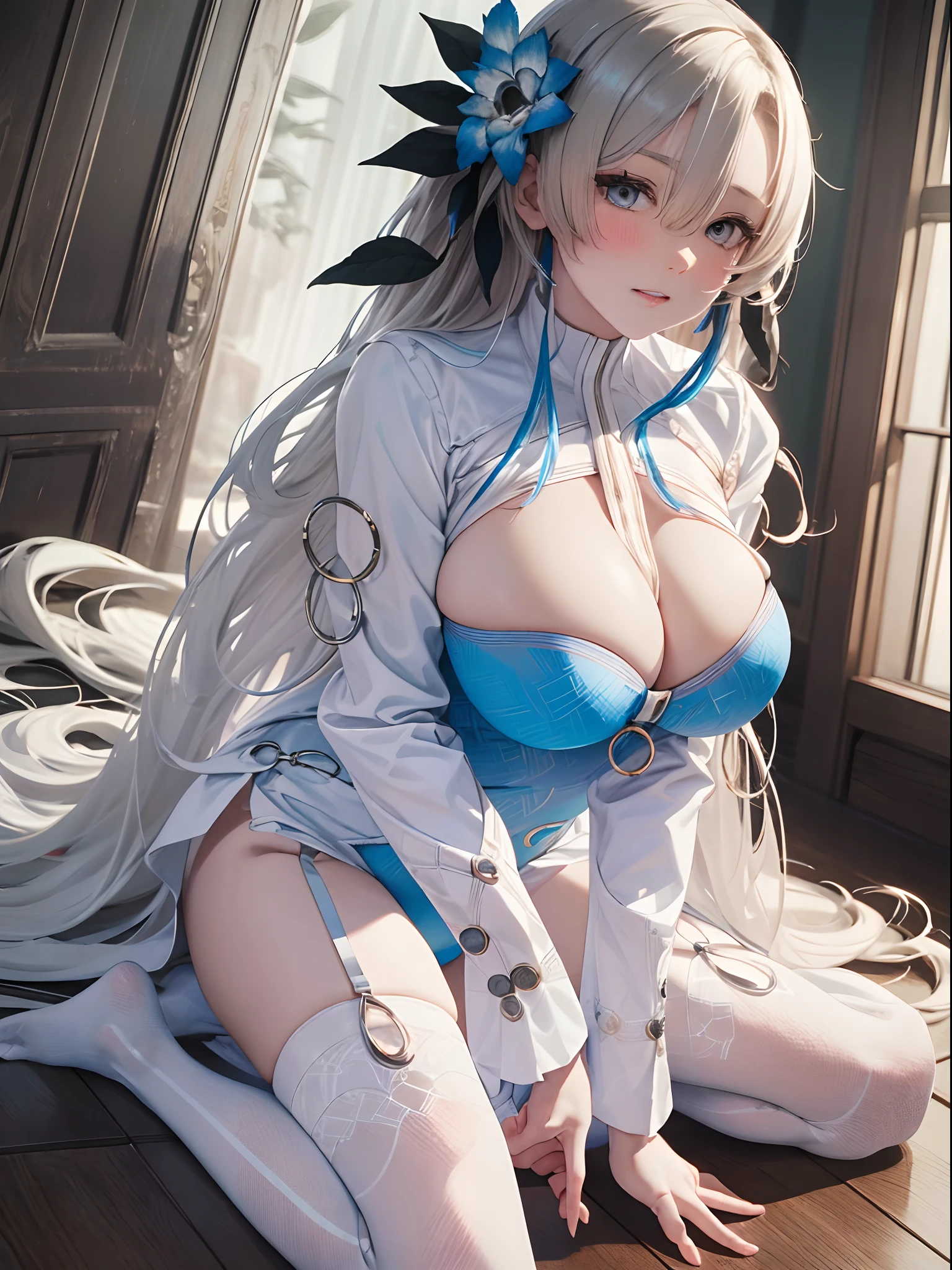 （Enrich the picture，Masterpiece level quality）Beautiful 8K CG artwork，Goddess-like posture，Kneeling exercise，Slim and soft，Translucent skin，White hair、The beauty of extra-long hair, Super Long Straight Hair，The skin is fair and juicy，Big breasts underwear uniform，Perspective Part 1.2x enhanced silhouette effect，Exquisite transparent blues pattern in pajamas，The details are intricate and exquisite，The background is slightly blurred，Charming and lustful leg seduction，Drool，Extra-large big breasts，Blush，Japan goddess，Perfect body slim curves，