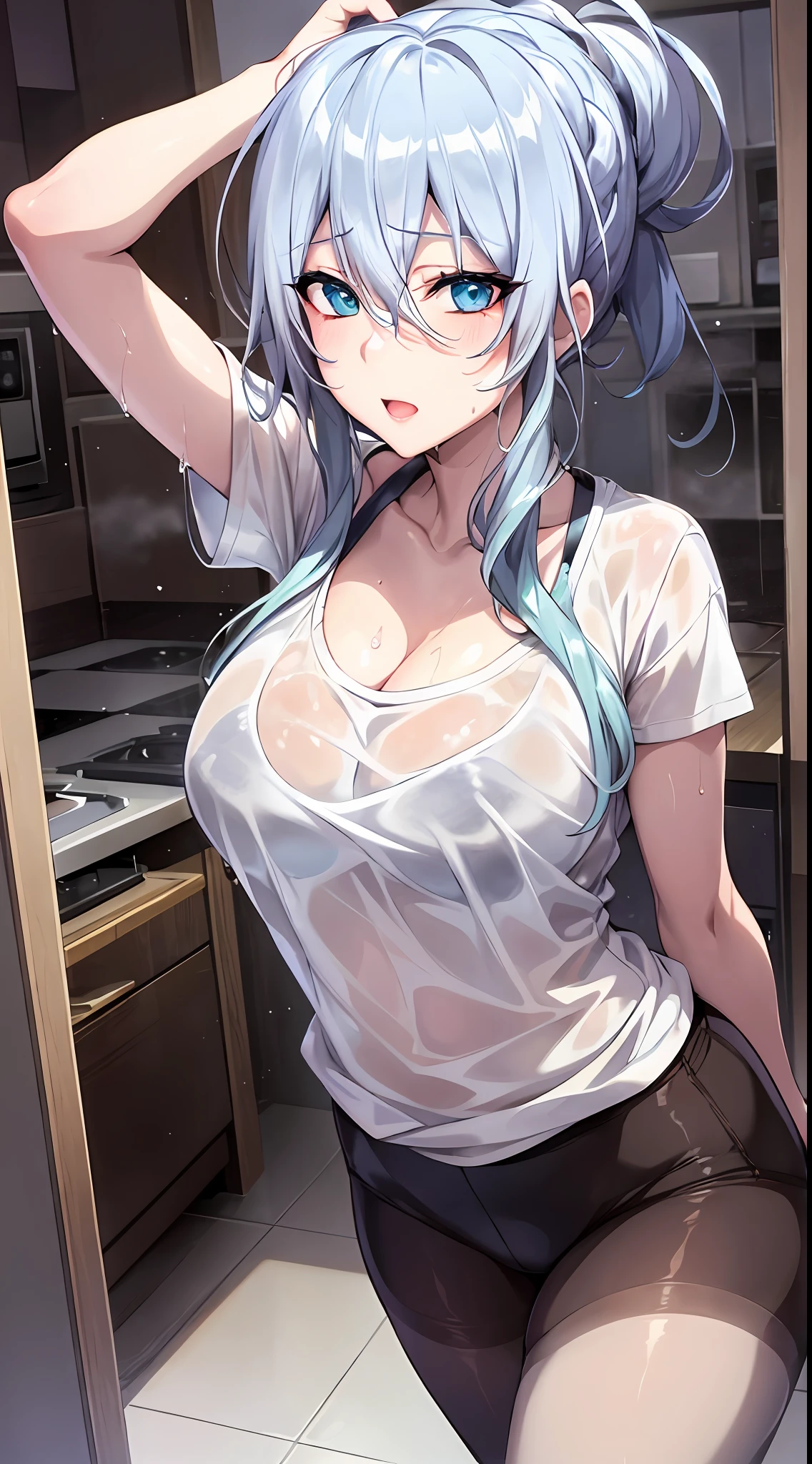 Yukino, Silver hair and  eyes in a wet white t-shirt, anime visual of a cute girl, in home, ahegao face, in the anime film, in an anime, anime visual of a young woman, she has a cute expressive face, still from anime, big breast use pantyhose, fair skin, sexy body