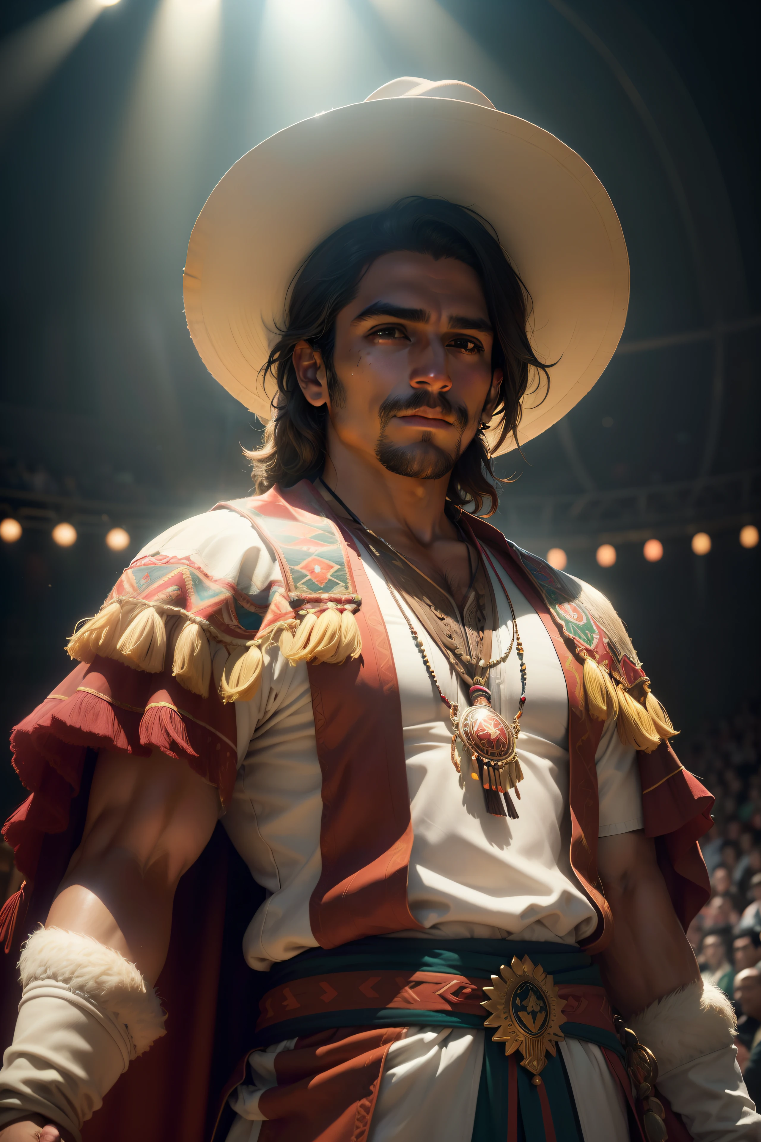 a native Mexican brown man in typical Mexican robes in a circus arena (homem mexicano cigano) (circo:1.1) Tracing of volumetric haze rays z pass bright light, (obra-prima) (melhor qualidade) (detalhado) (8k) (cinematic lighthing) (foco nítido) (intrincado)