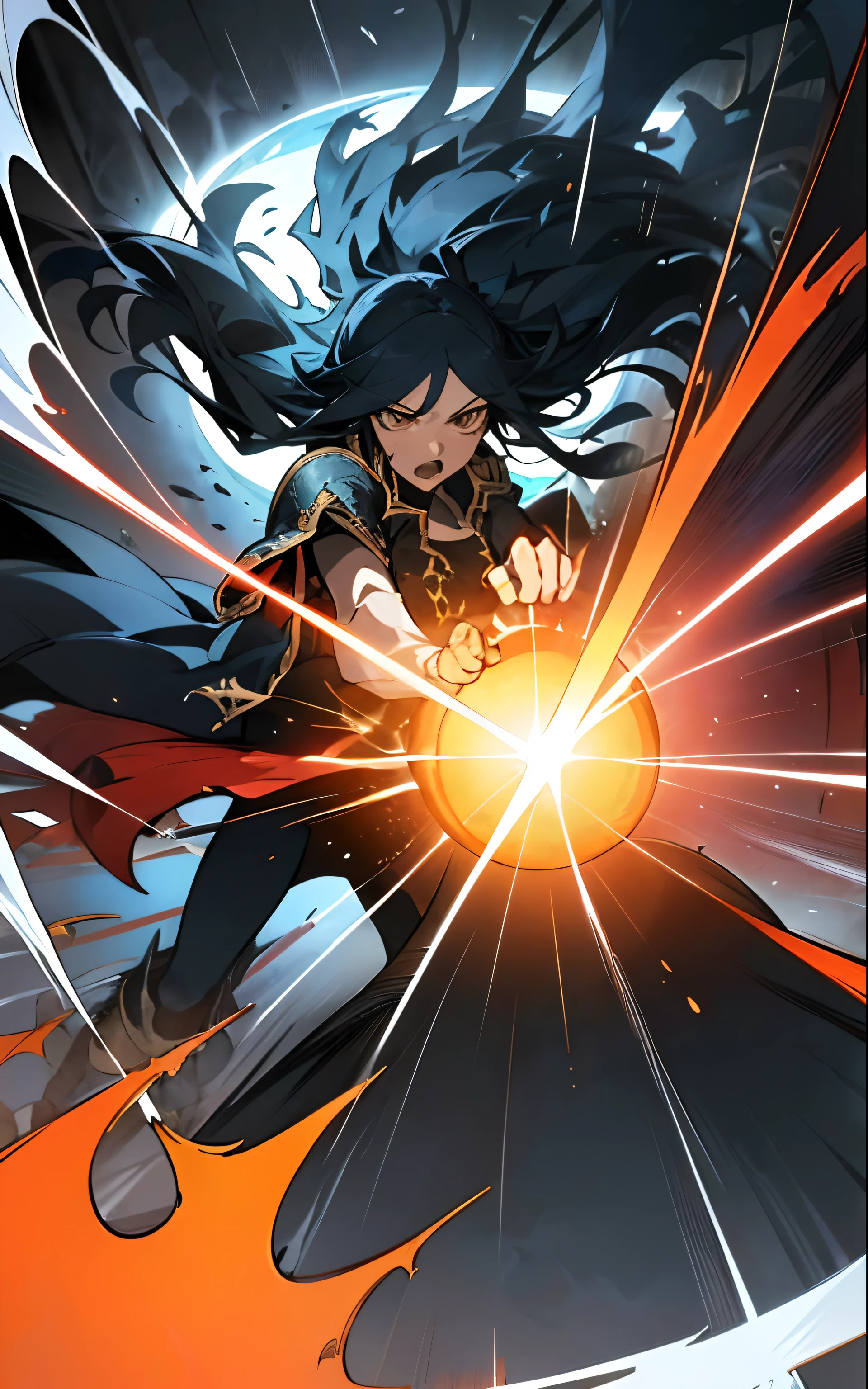 In this captivating scene, Luna Rucandel delivers a fatal blow to a dragon in an intense manga-style combat. The dynamic fight effects and high-quality rendering make this illustration burst with energy. The chosen artist for this illustration, Hiroshi Fujiwara, captures every detail with his signature style, immersing viewers in the heart of the battle. The color temperature leans towards fiery oranges and cool blues, emphasizing the clash of elements. Luna's determined expression and the dragon's ferocity are frozen in time, illuminated by dramatic, spotlight-like lighting that intensifies the atmosphere of the duel. --v 5 --stylize 1000