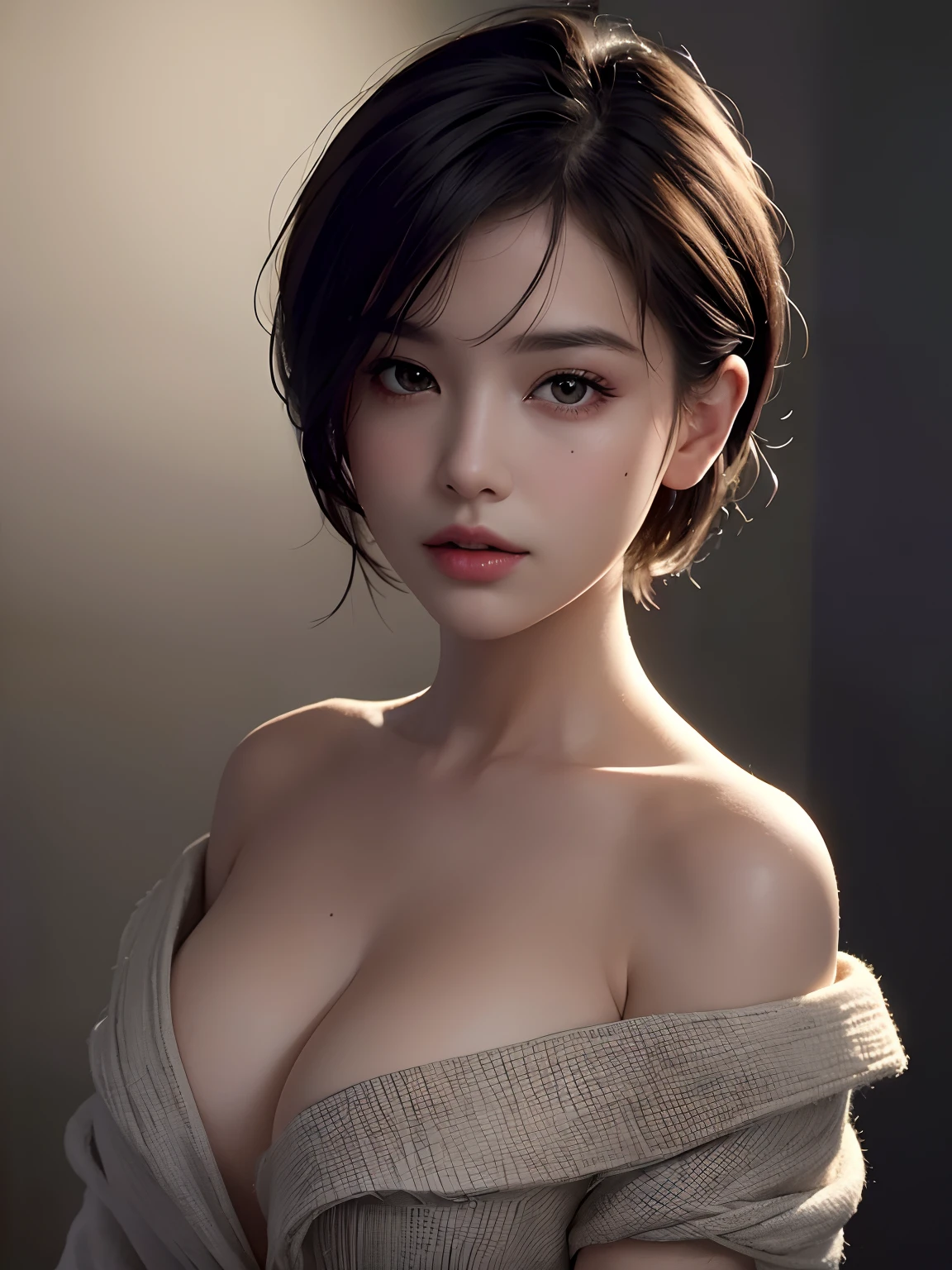 Best quality, masterpiece, ultra high res, (photorealistic:1.5), raw photo, 1girl, offshoulder, in the dark, deep shadow, low key, cold light, sexy look, short hair