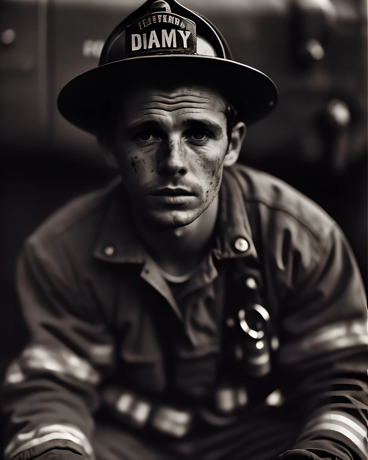 Close-up B&em (photo)++ de (Tired)+ (fireman)+ (dirty and covered with soot)+, sitting and leaning forward, upper-body, pores skin, Kodak Tri-X 400TX, worn out,Tired look,