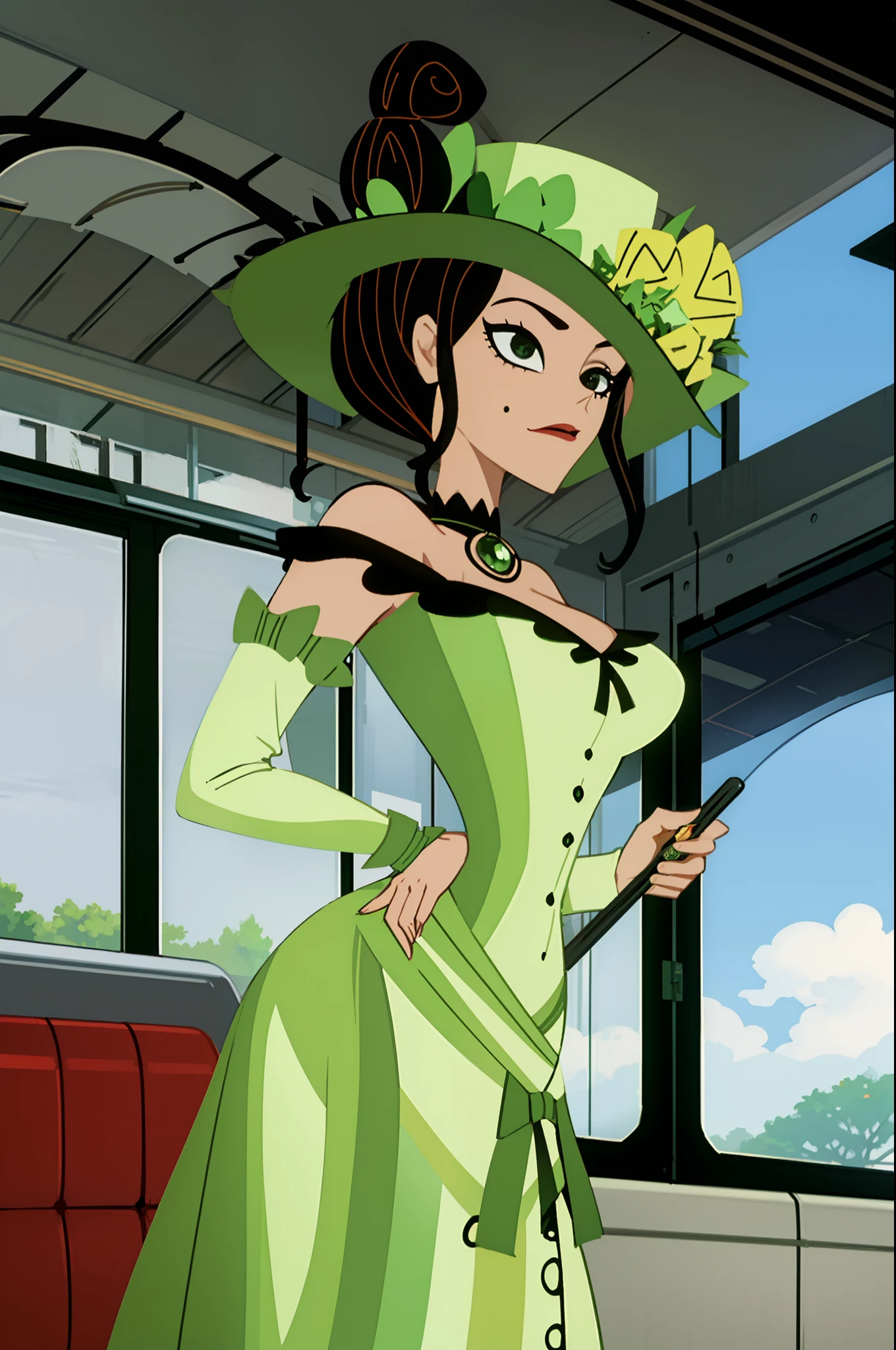 josephine, mature female, green hat, one eyes covered, green dress, umbrella, masterpiece, intricate details, train station