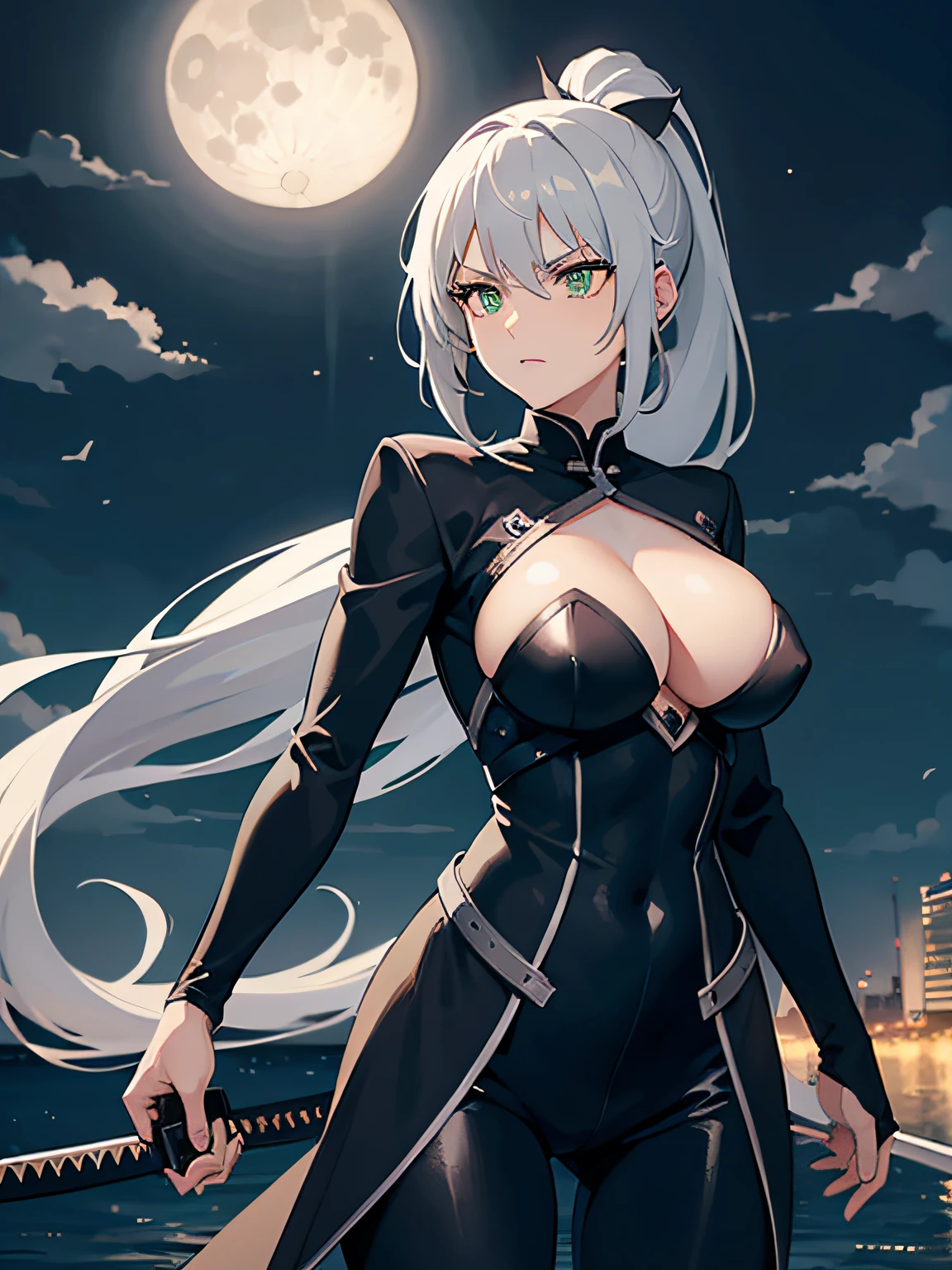 1 woman, long silver hair, ponytail, large chest, sharp furious green eyes, black assassin suit, in the night under the moon, katana and handgun, ships and seaside