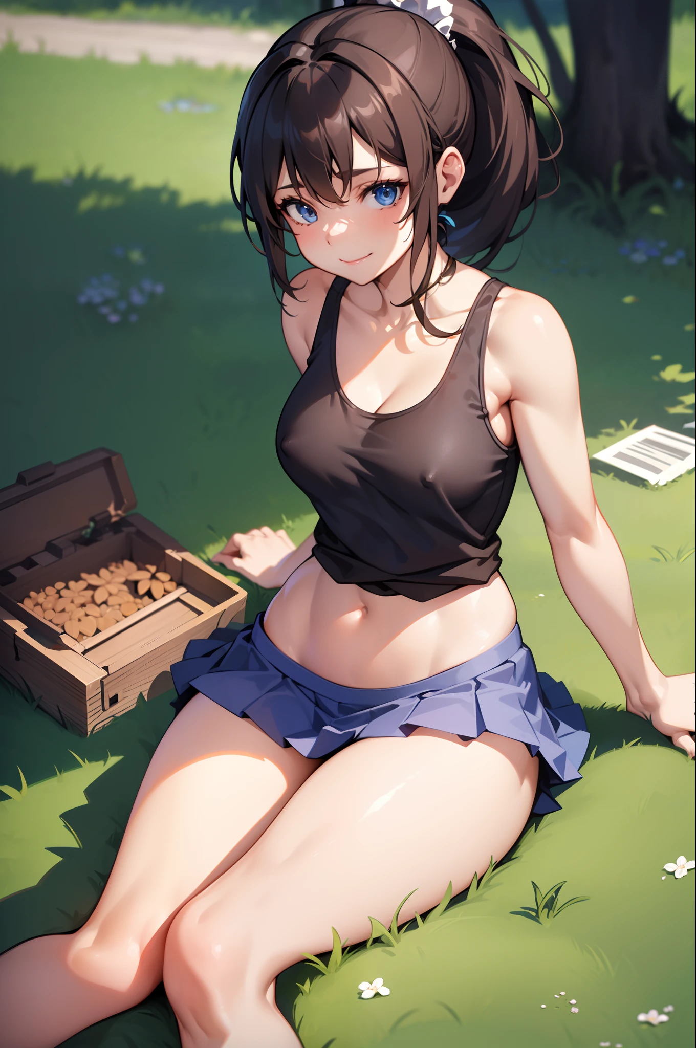 (ultra-detailed CG illustration) ,NSFW1.5,A beautiful  girl with ,（Blue eyes) ,(Brown ponytail) ,（Smile a little）, (sheer tanktop) ,a navel,micromini skirt,（Medium) ,(Perfect body) , (No bra、No Underwear),（(M-shaped legs),（(1.8)）,（a park）,（Sit on the lawn）,（Nipple protrusion 1.3）,low angles