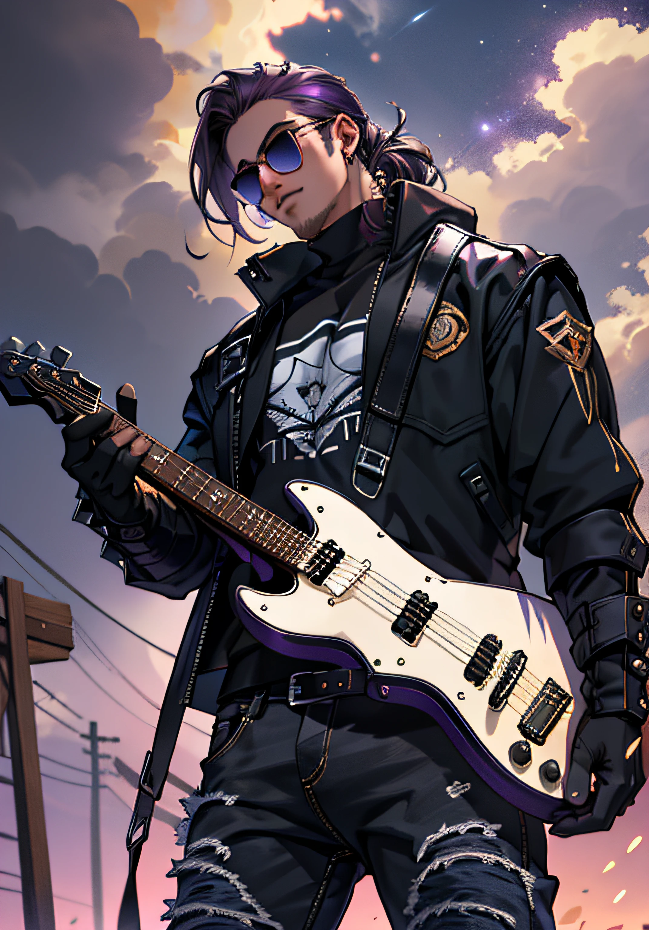 ((Melhore o rosto)), ((piece of master, obra prima, melhor qualidade)), ultra detalhado 8k, Absurdo, 1 Jonathan Davis masculino, Solo wearing a studded motorcycle jacket and black jeans, (Posar: Rockeiro), with sunglasses, raios ao redor de si, thunders, thunders , cabelo blond, cabelo longo, roupas pretas, vestes pretas, Nebula and smoke, Pano preto, tempo fechado, tempo nublado, Tempo escuro, Cidade, raios ao redor , com o planeta terra no fundo, ((With Electric Guitar Purple in your hands)), Braceletes pretos cravejados, (Sentado no telhado de casa)