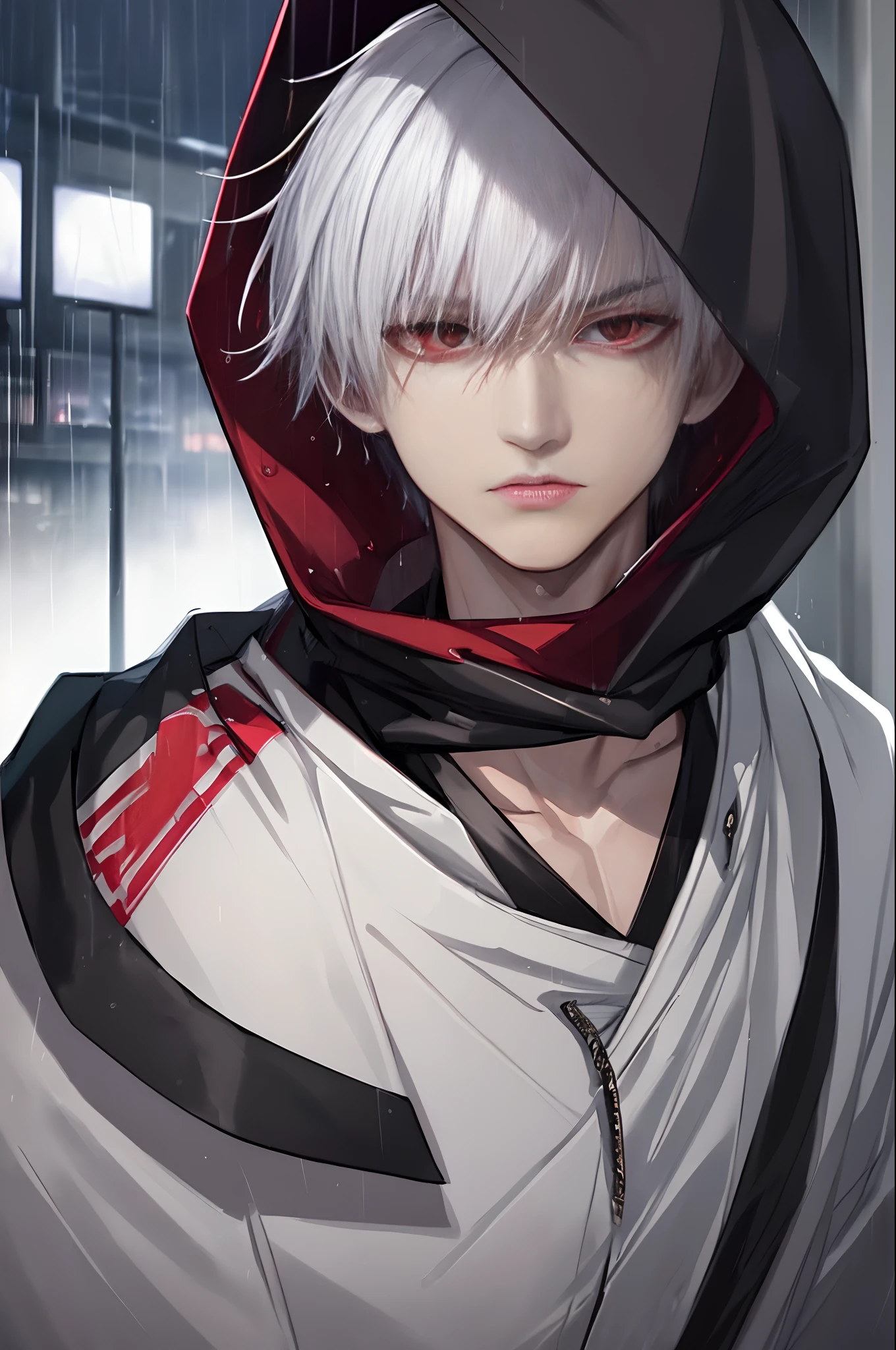 kk, best quality, more details, masterpiece, 1boy, kaneki ken, portrait, male focus, red eyes, solo, bangs, looking at viewer, hood, short hair, rain, tokyo tokyo \(city\),  hood up, nail polish, white hair, luxurious, 8k, detailed, ray tracing, depth of field, cinematic lighting,