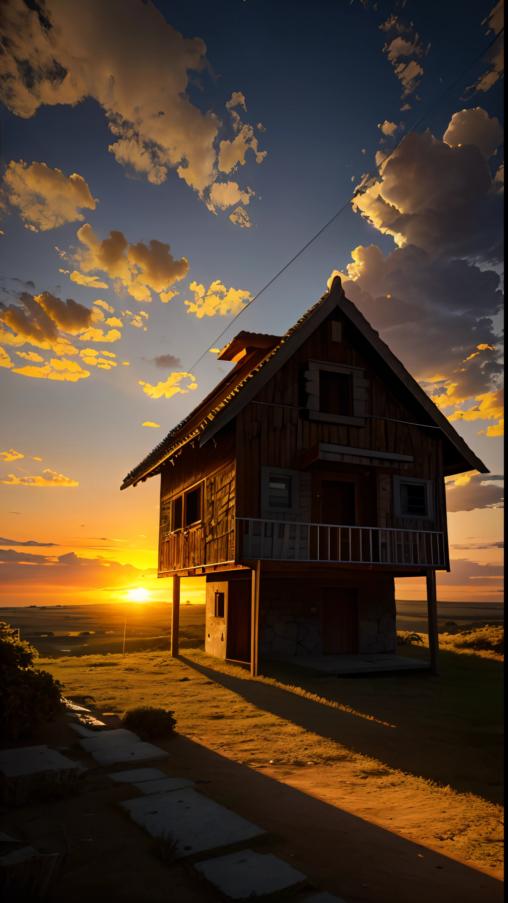 uma casa aconchegante no meio da montanha. highres, imagination, (realista), clear sky, compositing, sun sunset, (hdr:1.5), ao ar livre, detalhes intrincados,
