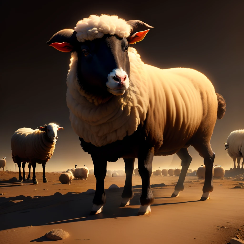 Uma ovelha negra musculosa, olhos vermelhos brilhantes, Standing in a Shadowy Location. The sheep is gigantic, com cerca de 3 metros de altura. Imagem realista em 3D, highly detailed and in 4K resolution.