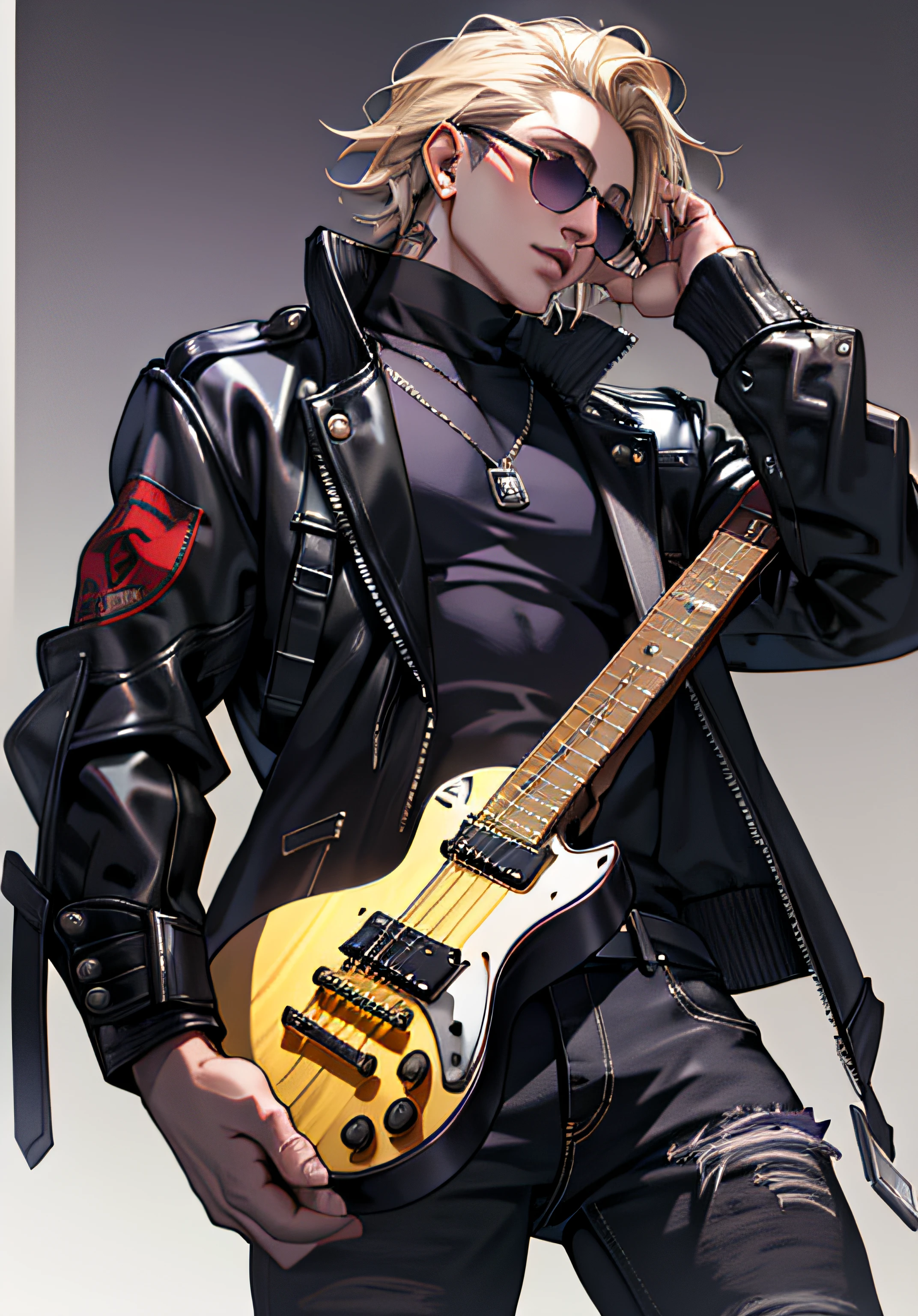 ((Melhore o rosto)), ((piece of master, obra prima, melhor qualidade)), ultra detalhado 8k, Absurdo, 1 Marilyn Manson masculino, Solo wearing a studded motorcycle jacket and black jeans, (Posar: Odin), with sunglasses, raios ao redor de si, thunders, thunders , cabelo blond, cabelo longo, roupas pretas, vestes pretas, Nebula and smoke, Pano preto, tempo fechado, tempo nublado, Tempo escuro, Cidade, raios ao redor , com o planeta terra no fundo, cigarro na boca, ((With Electric Guitar Purple in your hands)), Braceletes pretos cravejados.