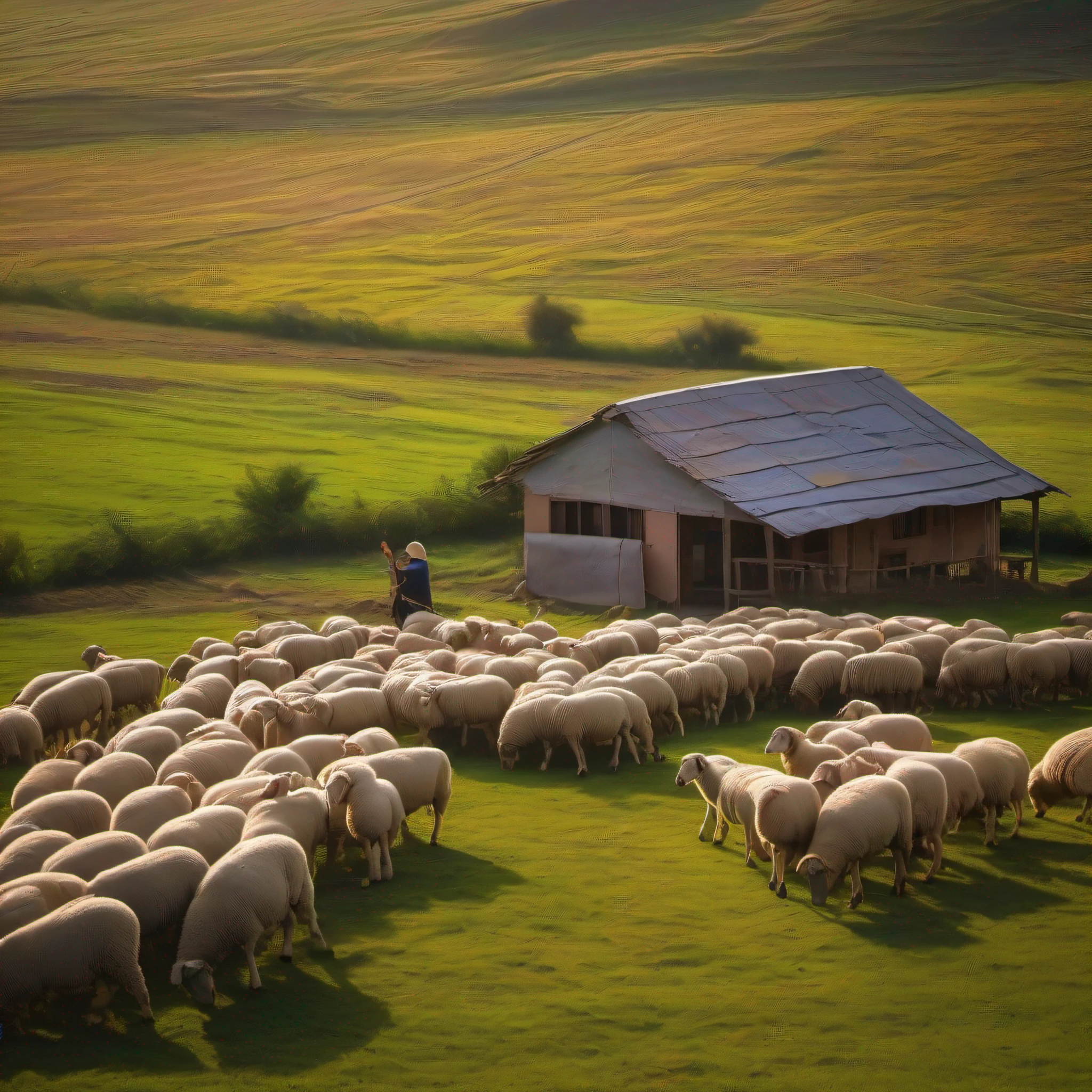 Imagine a shepherd in a vast field, tending to his sheep. The setting is tranquil, but there is a sense of unease in the bloated and sick sheep. The school, a symbol of education and growth, seems insignificant compared to the vastness of nature.