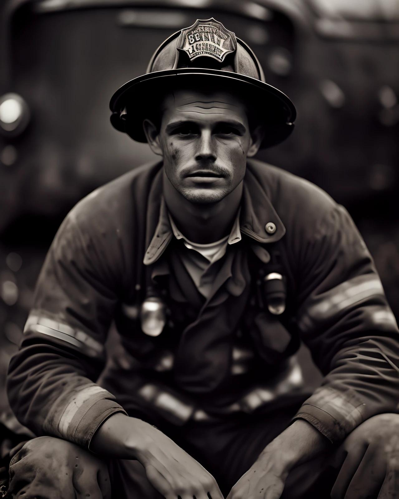 Close-up B&em (photo)++ de (Tired)+ (fireman)+ (dirty and covered with soot)+, sitting and leaning forward, upper-body, pores skin, Kodak Tri-X 400TX, worn out,Tired look,