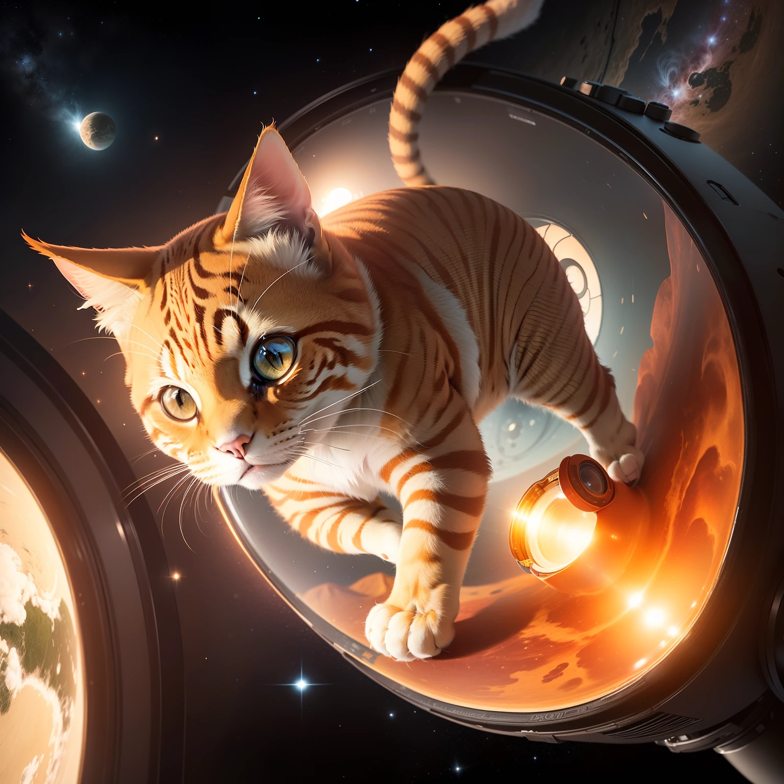 (fotorrealista:1.4), (obra-prima:1.3), (detalhes intrincados:1.2), an orange short-haired domestic cat, (vestindo um traje espacial:1.2), floating in the space, a terra ao fundo