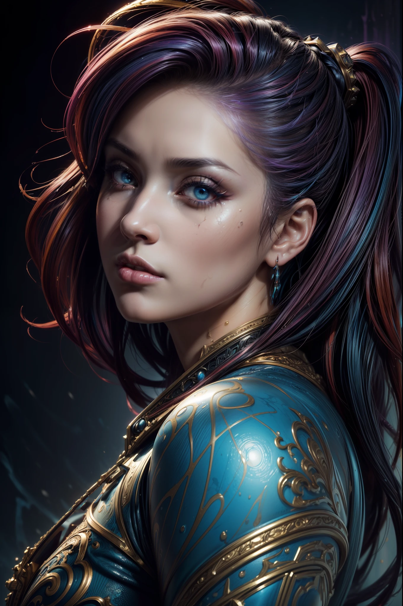 (masterpiece), (best quality), (ultra-detailed), (masterpiece:1.2), (best quality), (ultra-detailed. Maximalist Rococo. Astral escape. Splash art, Latina portrait, indigo red haired Latina, StarCraft inspired, epic, art station, colorful painting splash style, facing the camera head on, contour, intricately detailed hyperdetailed, fantasy, unreal engine, fantastic, intricately detailed, splash screen, complementary colors, fantasy concept art, 16k resolution, DeviantArt masterpiece, oil painting, thick brush strokes, dripping paint, splash arts, neon environment, muted colors, watercolor style, detailed filigree, edge lighting, magic, surreal, surreal, fantasy, ultra, realistic, sharp features, highly detailed, sharp focus, muted colors, perfect face, perfect face, perfect symmetrically perfect eyes,perfect hazel irises, perfect full lips, flexible female form, vivid, cinematic, film light, hyper detailed, hyper realistic, masterpiece, atmospheric, high resolution, vibrant, dynamic studio lighting, blow, Glenn Brown, Carne Griffiths, Alex Ross, artgerm and james jean. focus, tilt-shift camera.