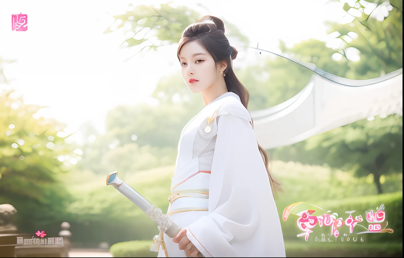 Woman in white dress holding sword in park,