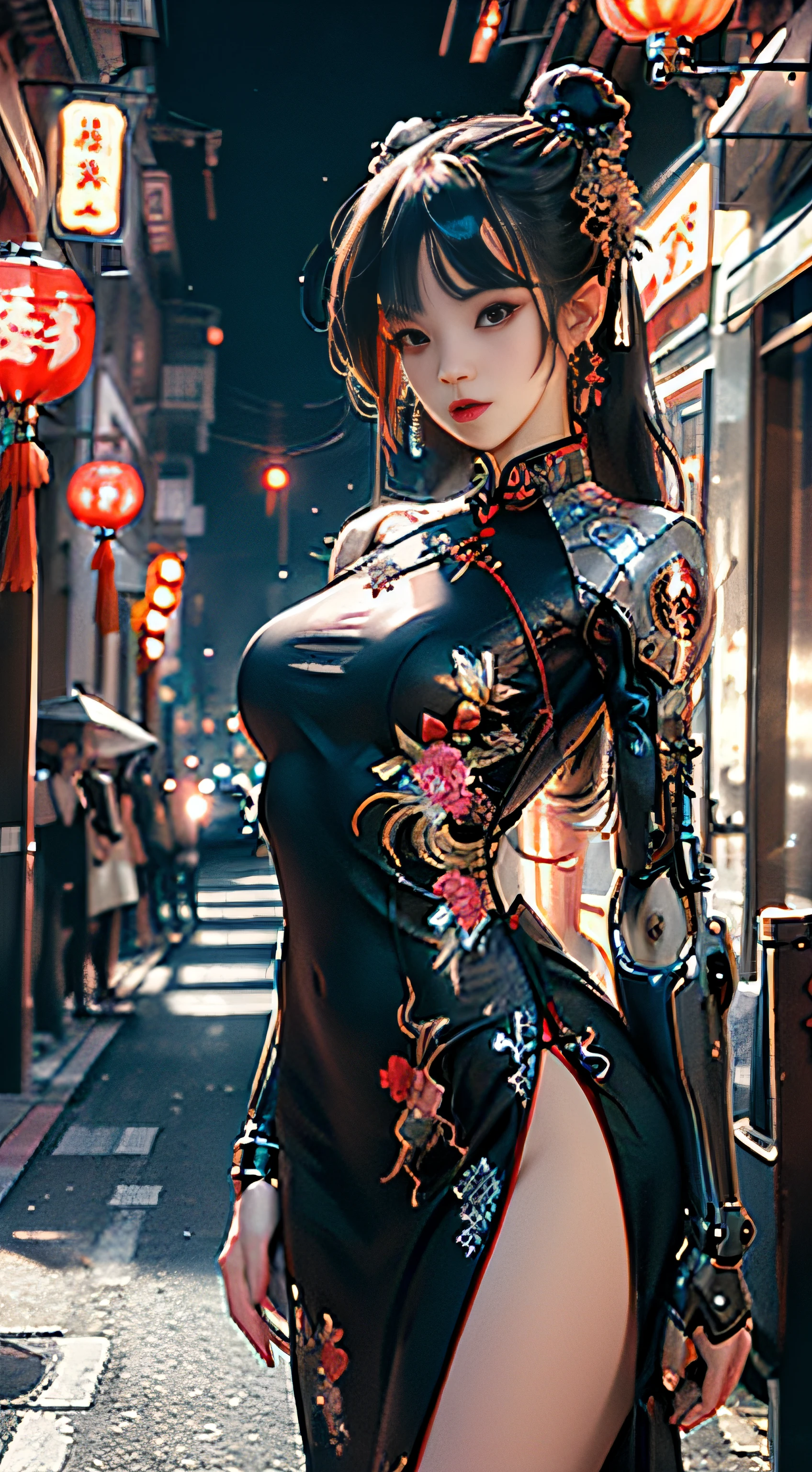 (Works of masters:1.5)，(best qualityer:1.5)，(Very fine detail 8K wallpaper:1.3)，(Ultra-thin tail)，Extremely fine details，hight contrast，complexdetails，Photon maps，physically-based renderingt，Best composition，full bodyesbian，cyber punk perssonage，dynamicposes，1girll，Elaborate Eyes，Brown eyes，eye shadows，putting makeup on，long whitr hair， 详细的脸， Detailed eyes， looking at viewert， blusher\（putting makeup on\）， full pouty lips， Redlip，（long whitr hair：1.3）， The upper part of the body， （Fingers are normal and natural）（standing on your feet）Mechanical static，Mechanical summoning，(hair adornments:1.1)，head gear，Chinese outfit，on cheongsam，Cyberhanfu，Manteau blanc，城市，Ruins，Illuminated wire winding，glowing butterflies，cyberpunk lights:1.1)，neonlight，Fully mechanical and futuristic elements，technologies，The background is a traditional Chinese street，china town， the street， Skysky， cyber punk perssonage， paper lanterns， Neon Super Resolution，（真实感：1.3），1（slim：1.2），dramatic lights，vibrant detail，Luxurious cyberpunk，the complex background，rendering by octane，8k，best qualtiy，tmasterpiece，illustratio，Extremely refined and beautiful，The is very detailed，CG，Wallpapers，（realisticlying，photo-realistic：1.37），astounding，finedetail，tmasterpiece，best qualtiy，offcial art，（natta：1.5）cowboy lens