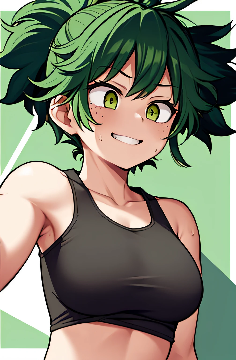 horikoshi kouhei, 1 girl, isuku midoriya, female, girl, bare shoulders, black tank top, green hair, blurred, blurred background, boku no hero academia, chama kou, high resolution, looking away, female focus, sexy, athletic woman, yellow-green eyes, long wavy hair, hair tied in ponytail, sweat, tank top, twitter username, confident smile, freckles on nose, pretty feminine features