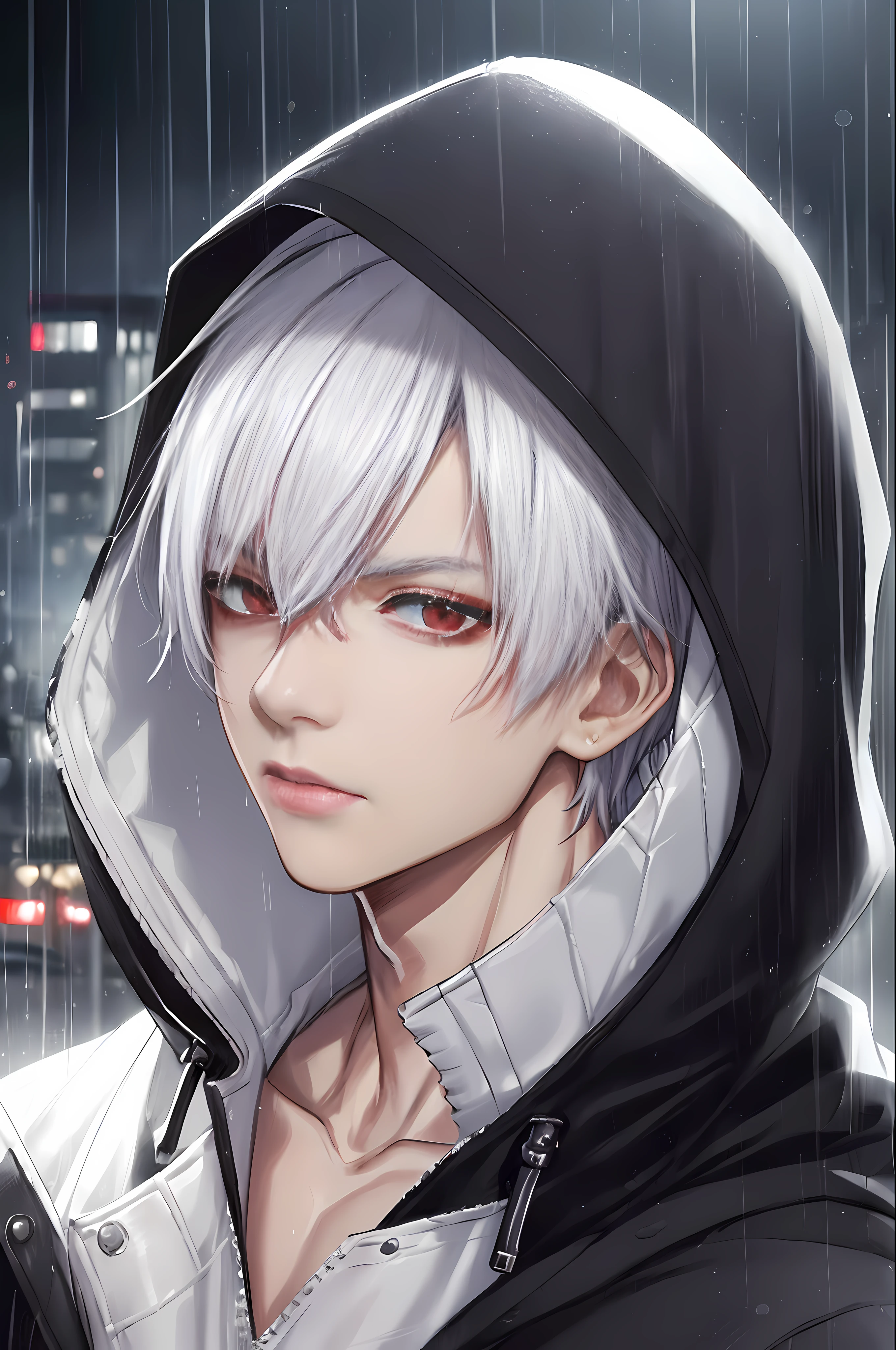 kk, best quality, more details, masterpiece, 1boy, kaneki ken, portrait, male focus, red eyes, solo, bangs, looking at viewer, hood, short hair, rain, tokyo tokyo \(city\), hood up, nail polish, white hair, luxurious, 8k, detailed, ray tracing, depth of field, cinematic lighting,