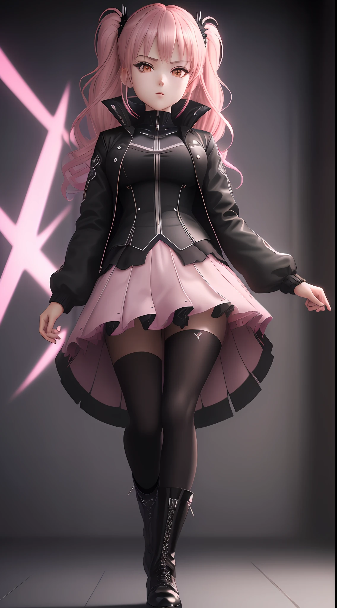 (Extreme Detail CG Unity 8K wallpaper, obra-prima, alta qualidade), (Exquisite lighting and shade, highly dramatic image, Cinematic lens efito), (Anime style), Anime Girl, Villain, Black Jacket, Pink Shirt, Black Short skirt, pantyhose, Boots, Looking to the viewer, Evil expression, Pointing to the viewer,