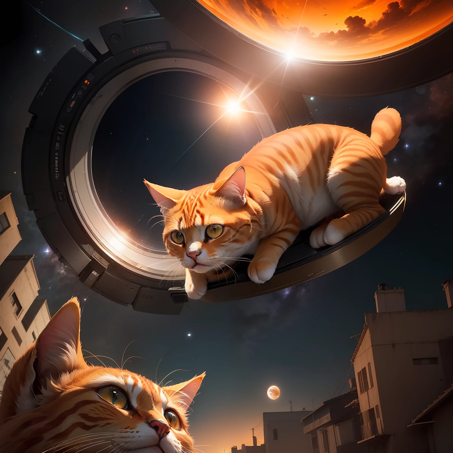(fotorrealista:1.4), (obra-prima:1.3), (detalhes intrincados:1.2), an orange short-haired domestic cat, (vestindo um traje espacial:1.2), floating in the space, a terra ao fundo