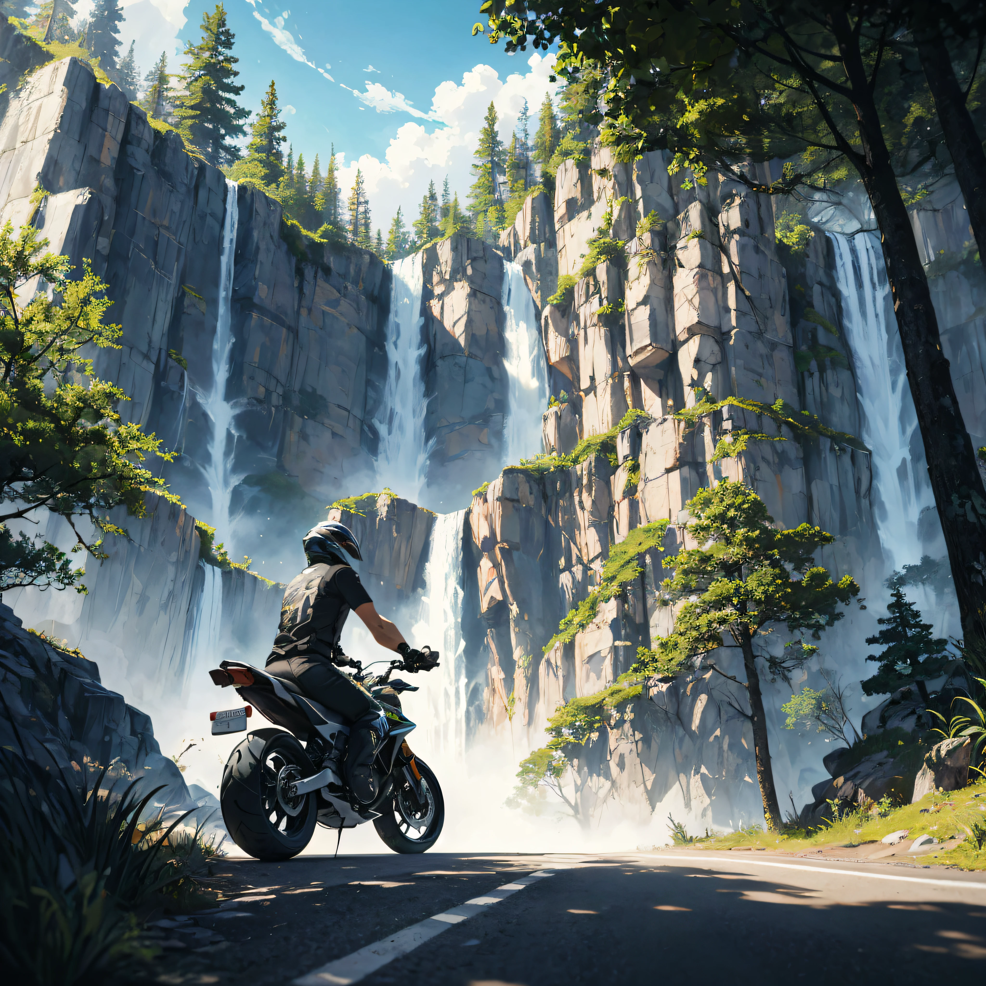 ilustration t shirt to print of a adventure motorcycle, with trees, mountains, waterfalls, summer season, roads