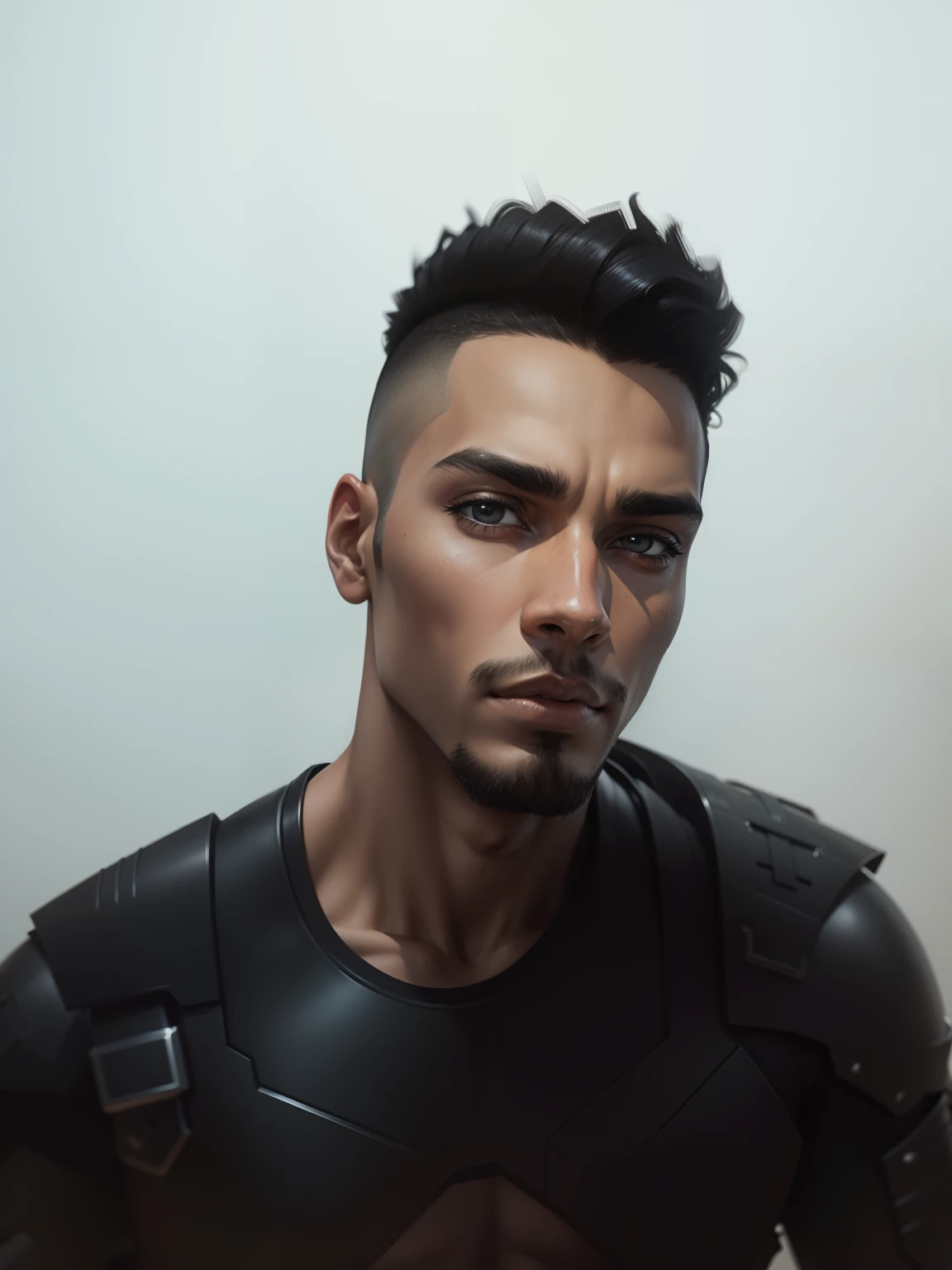 Jovem de 22 anos ,olhos castanhos escuro,wearing a matte black men's battle suit glued to the futuristic body and with chrome details on the breastplate from one shoulder to the other , realista, qualidade 8k