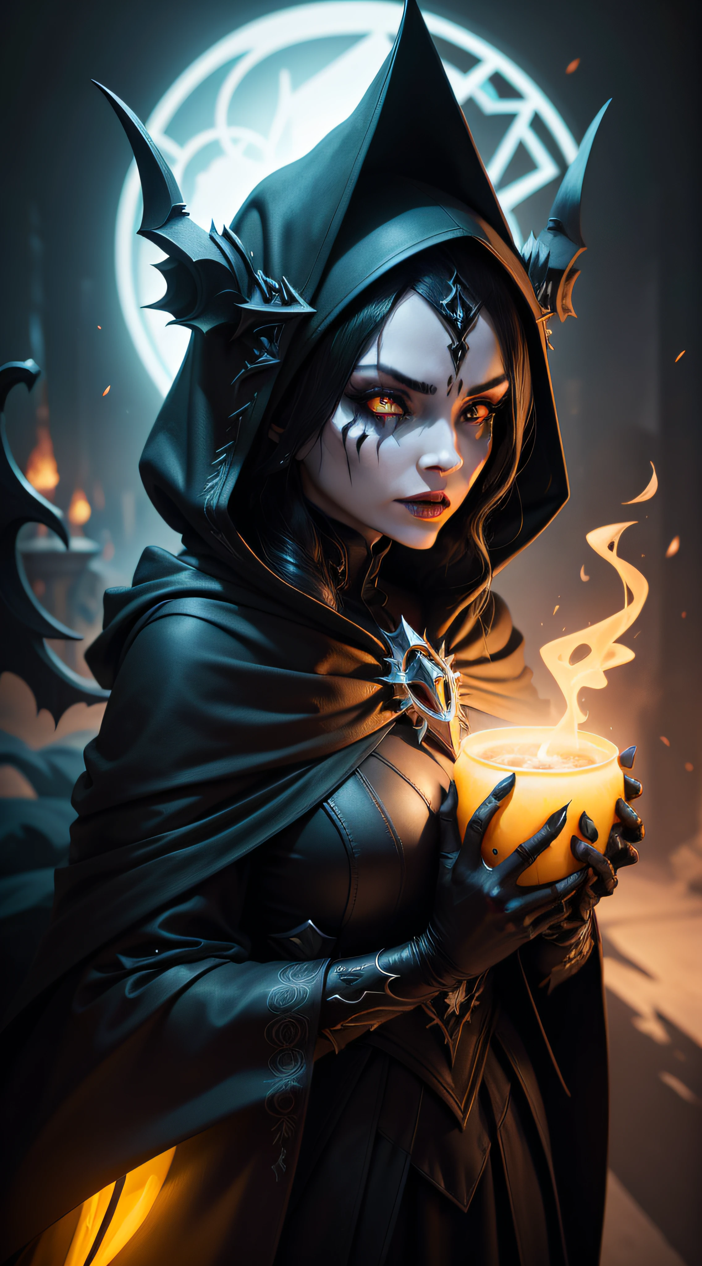 A dark witch wearing a hood over her eyes and yellow eyes, in the style of glowing neon, anton fadeev, morbid, grim dark, dark, very detailed, rendered in octane, dense atmospheric, epic, dramatic, photorealistic, hyper ornate details, 4k, dark yellow and dark emerald, benedick bana, zhang jingna, shadow wraith, evil, demonic