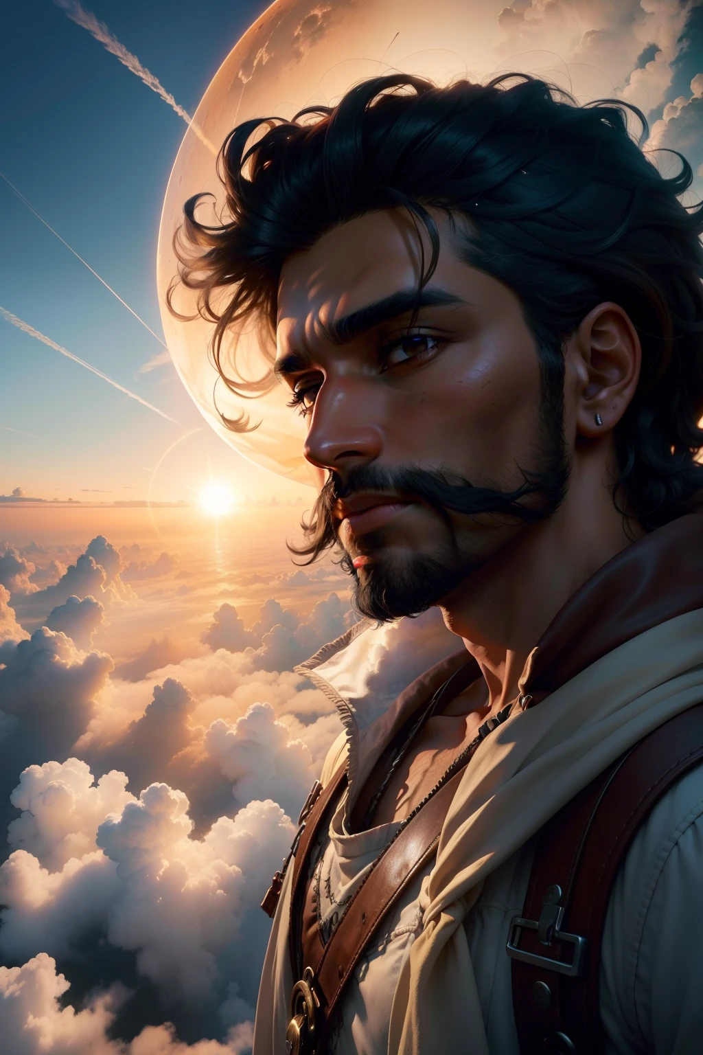 a gypsy-looking brown man flying through the clouds as if lost, Nuvens gigantes, daytime sky (nuvem) (sol e lua ao fundo da imagem:1.1) Ray tracing of volumetric haze z pass bright light, (obra-prima) (melhor qualidade) (detalhado) (8k) (cinematic lighthing) (foco nítido) (intrincado)