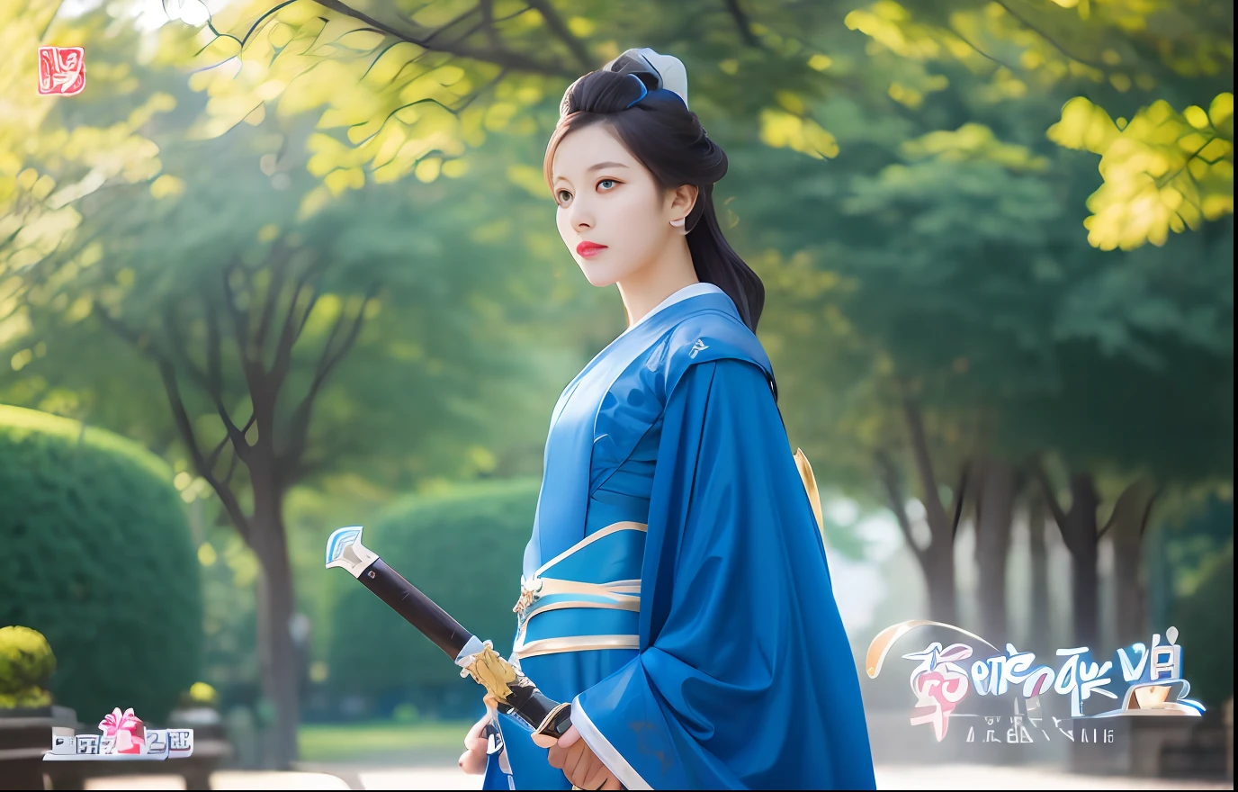 Woman in blue dress holding sword in park,