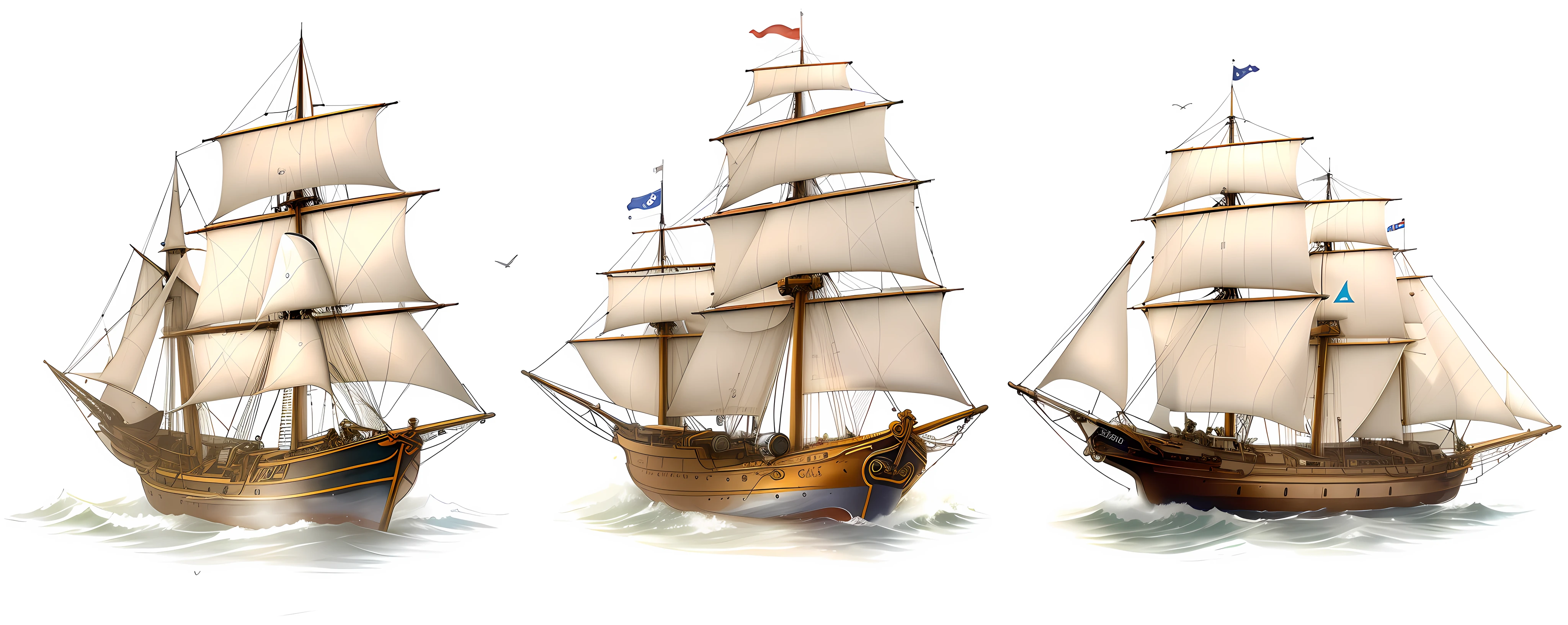 Three ships with sails are sailing in the ocean on a white background, navios com velas, navios com velas por baixo, Sailboats, three masts, galleon, navios piratas, Navios, inspirado por Willem van de Velde, o Velho, inspirado em Willem van de Velde, o Jovem, Vela, Guerra, veleiro, alguns barcos, Directed by: Viktor de Jeney