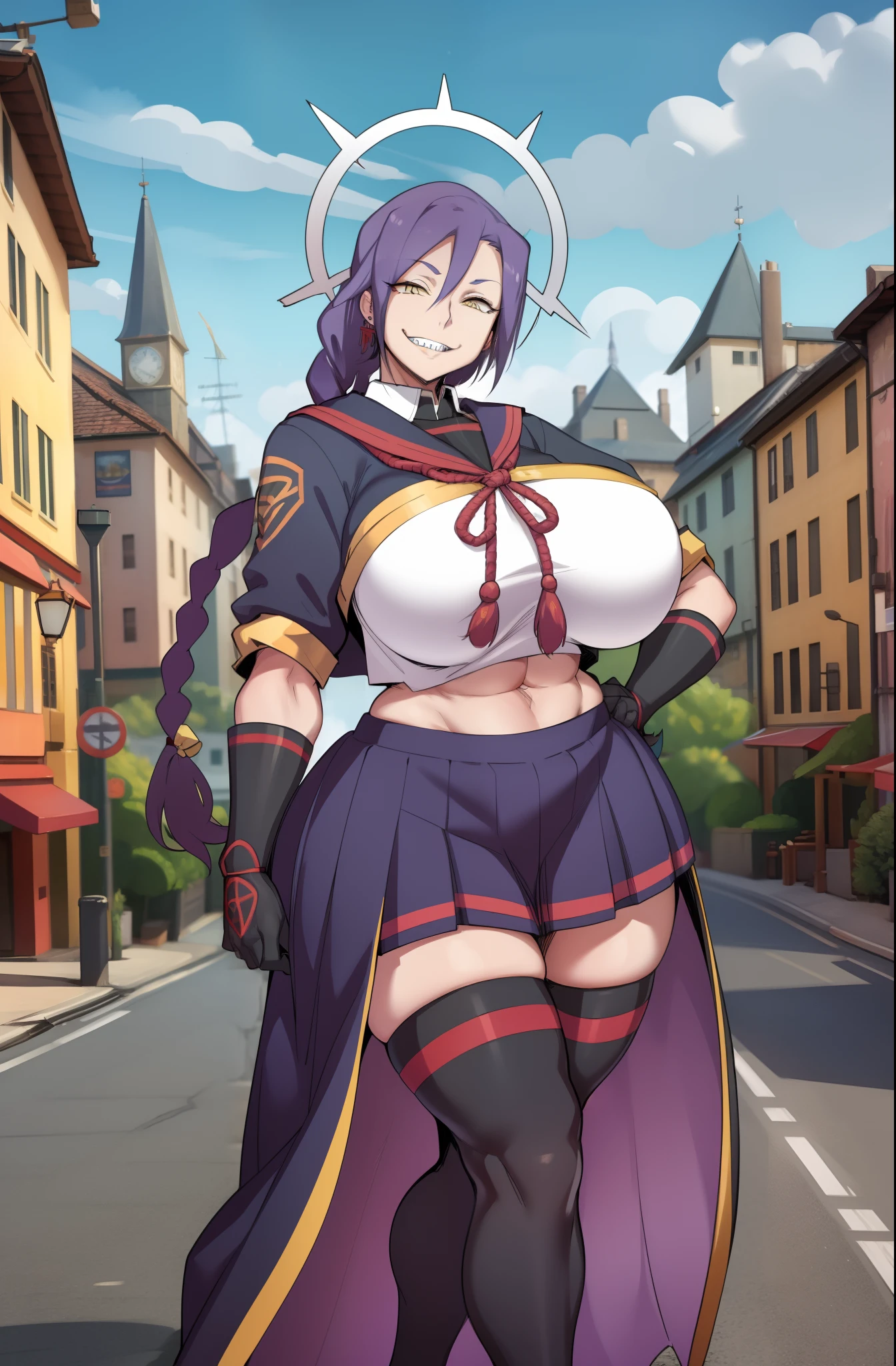 (masterpiece, best quality:1.2), cowboy shot, solo, 1girl, chikujoin magane, sharp teeth, evil grin, looking at viewer, hand on hip, single braid, school uniform, serafuku, pleated skirt, thighhighs, (gloves:1.1), huge breast, thicc, curvy, full body, long skirt, priestess, medieval village, full body, long skirt, europe, long dress, very long skirt, long dress, long robe