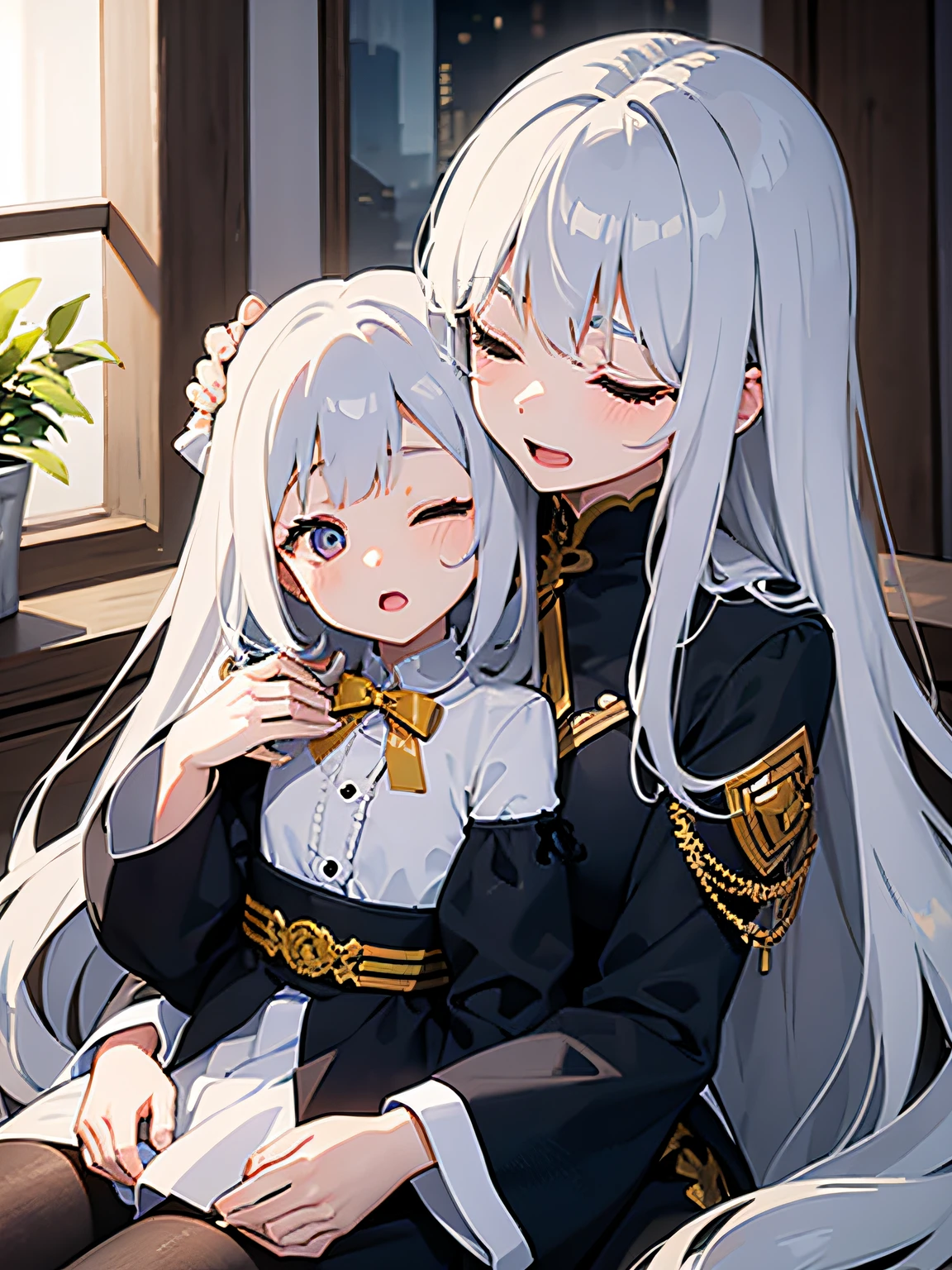 1young girl, long silver hair, eyes closed, sitting on laps, open mouth, being fed, head resting on 1 woman large chest.