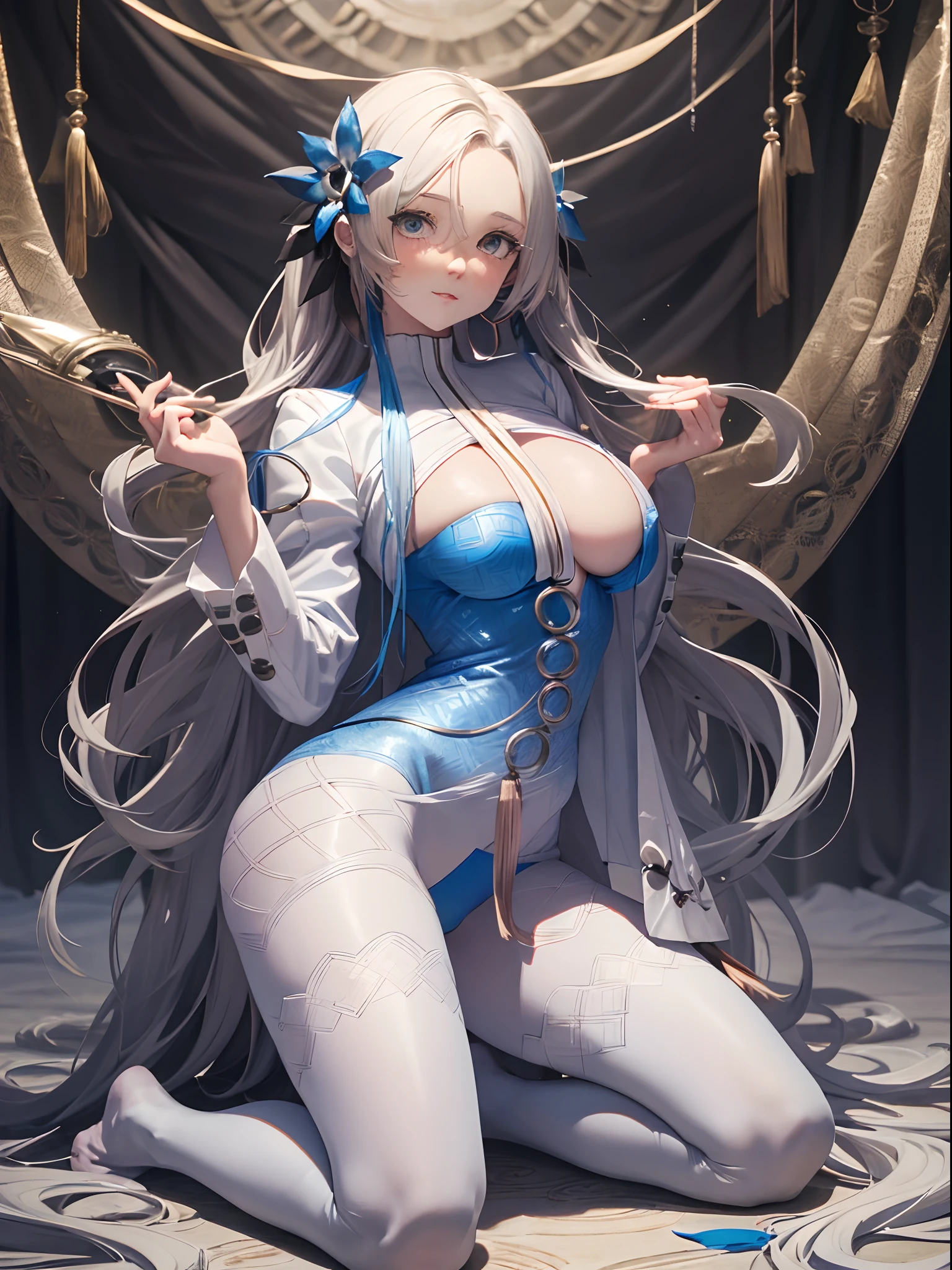 (Enrich the picture,Masterpiece level quality)Beautiful 8K CG artwork,Goddess-like posture,Kneeling exercise,Slim and soft,Translucent skin,White hair、The beauty of extra-long hair, Super Long Straight Hair,The skin is fair and juicy,Underwear uniforms,Perspective Part 1.2x enhanced silhouette effect,Exquisite transparent blues pattern in pajamas,The details are intricate and exquisite,The background is slightly blurred,Charming and lustful leg seduction,Drool,Extra-large big breasts,Blush,Japan goddess,Perfect body slim curves,Hold the microphone,