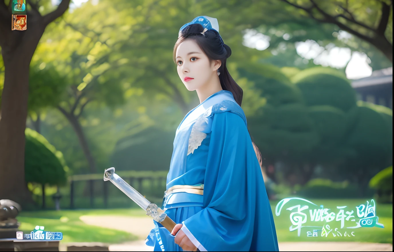Woman in blue dress holding sword in park,